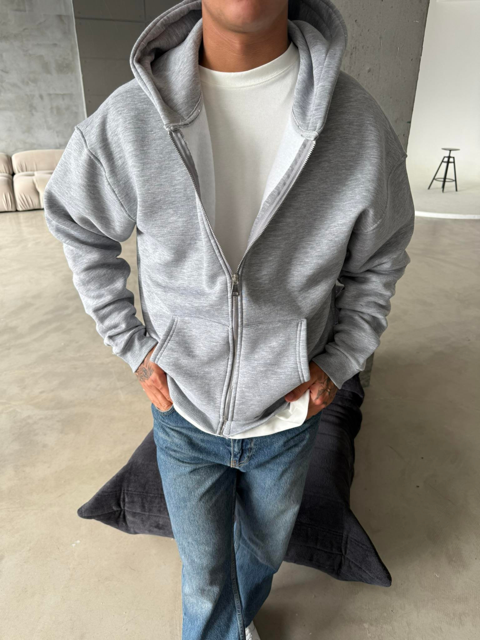 Düz Basic Zip hırka - Gri