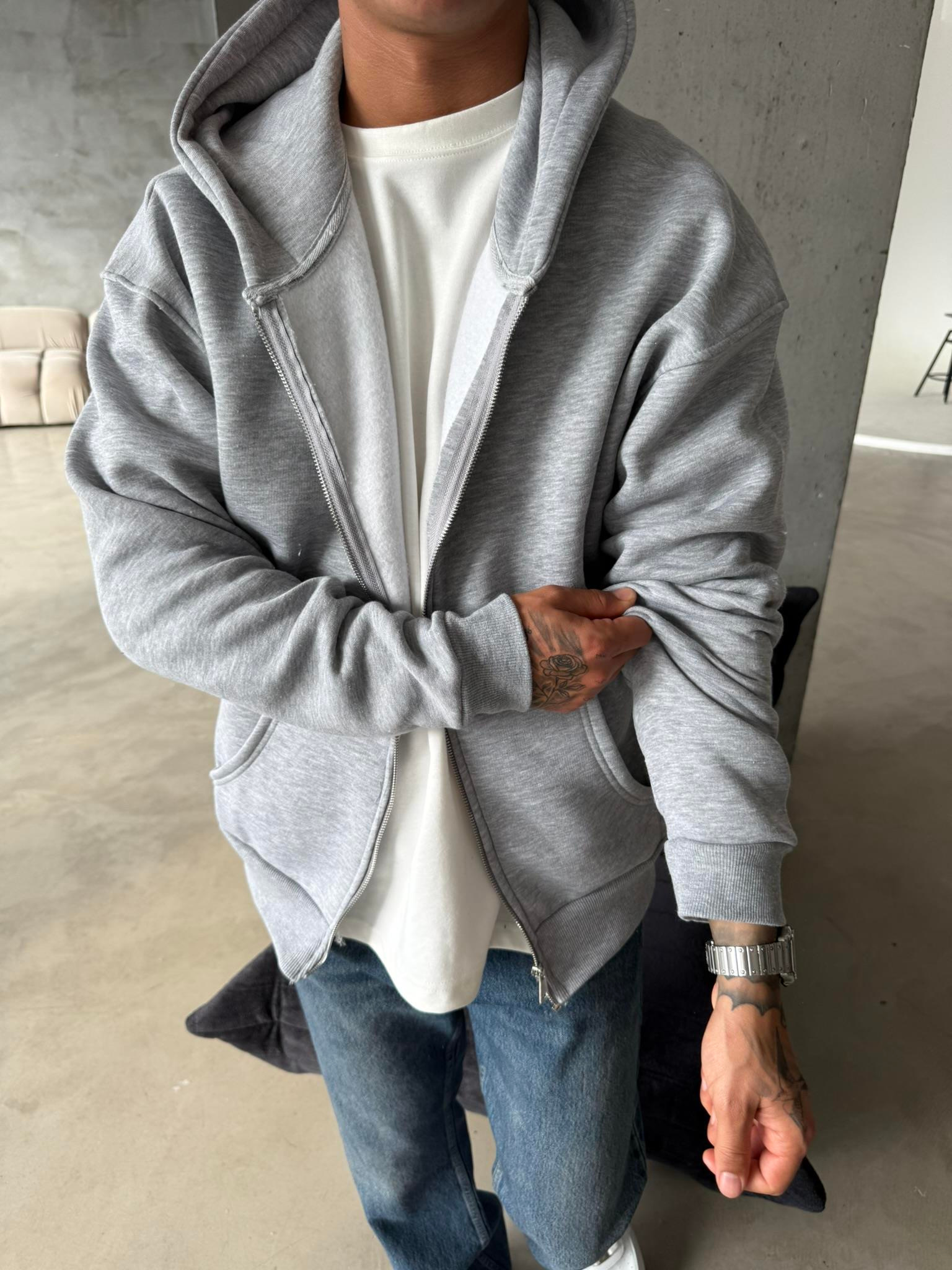 Düz Basic Zip hırka - Gri