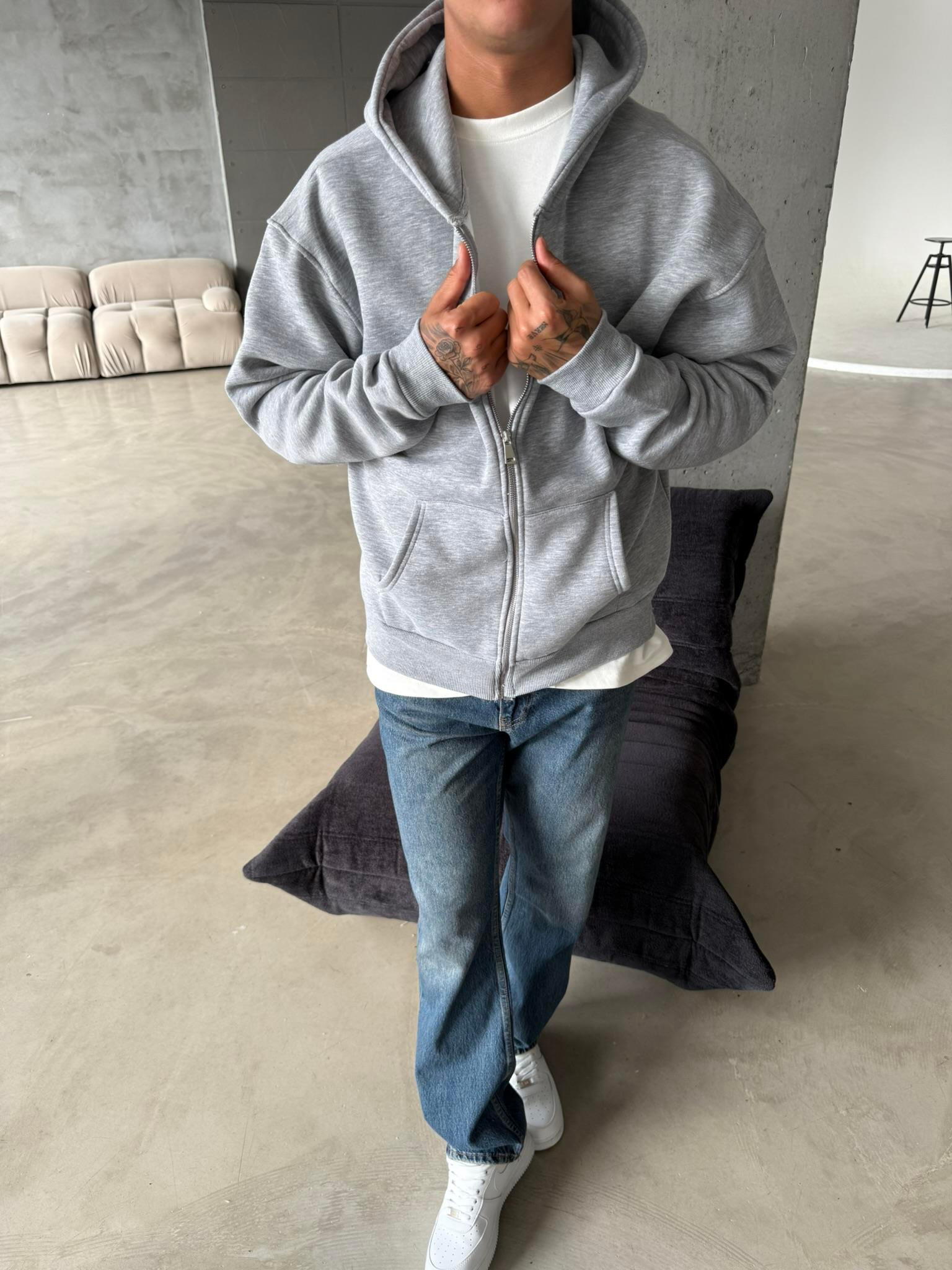 Düz Basic Zip hırka - Gri