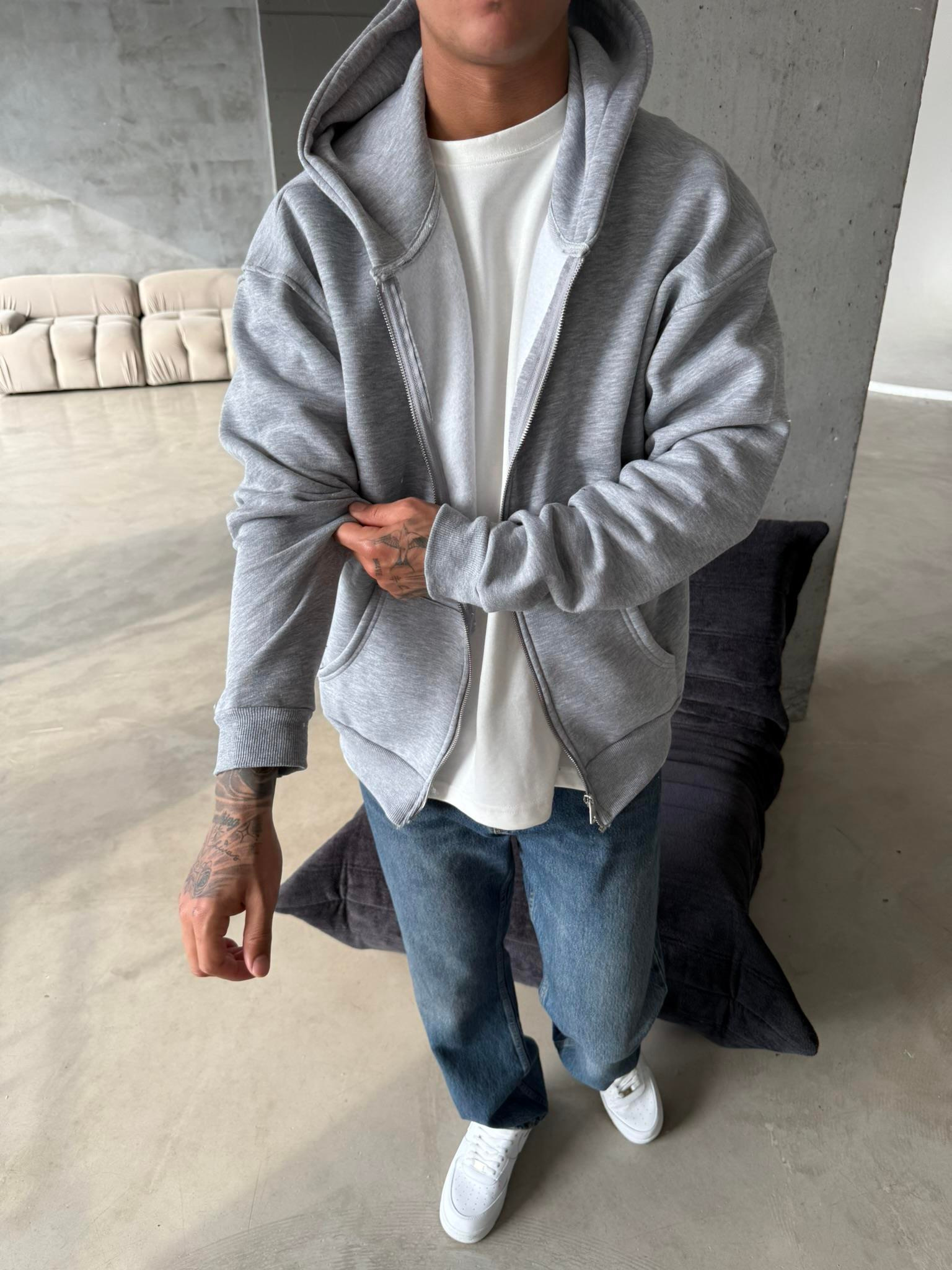 Düz Basic Zip hırka - Gri
