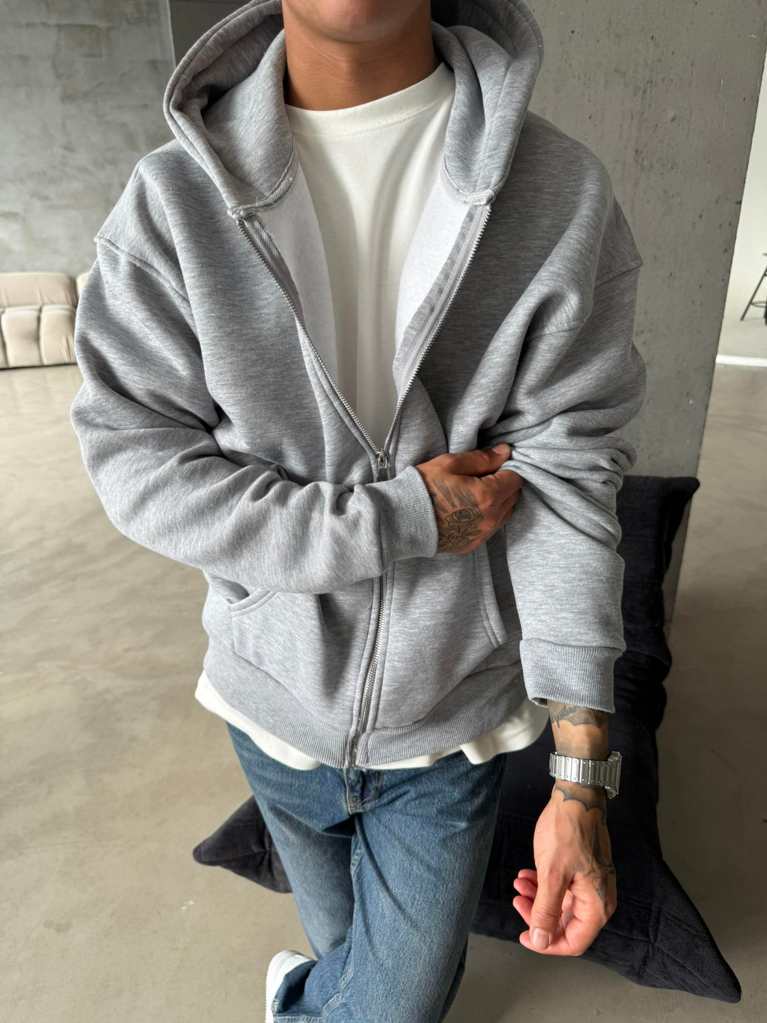 Düz Basic Zip hırka - Gri