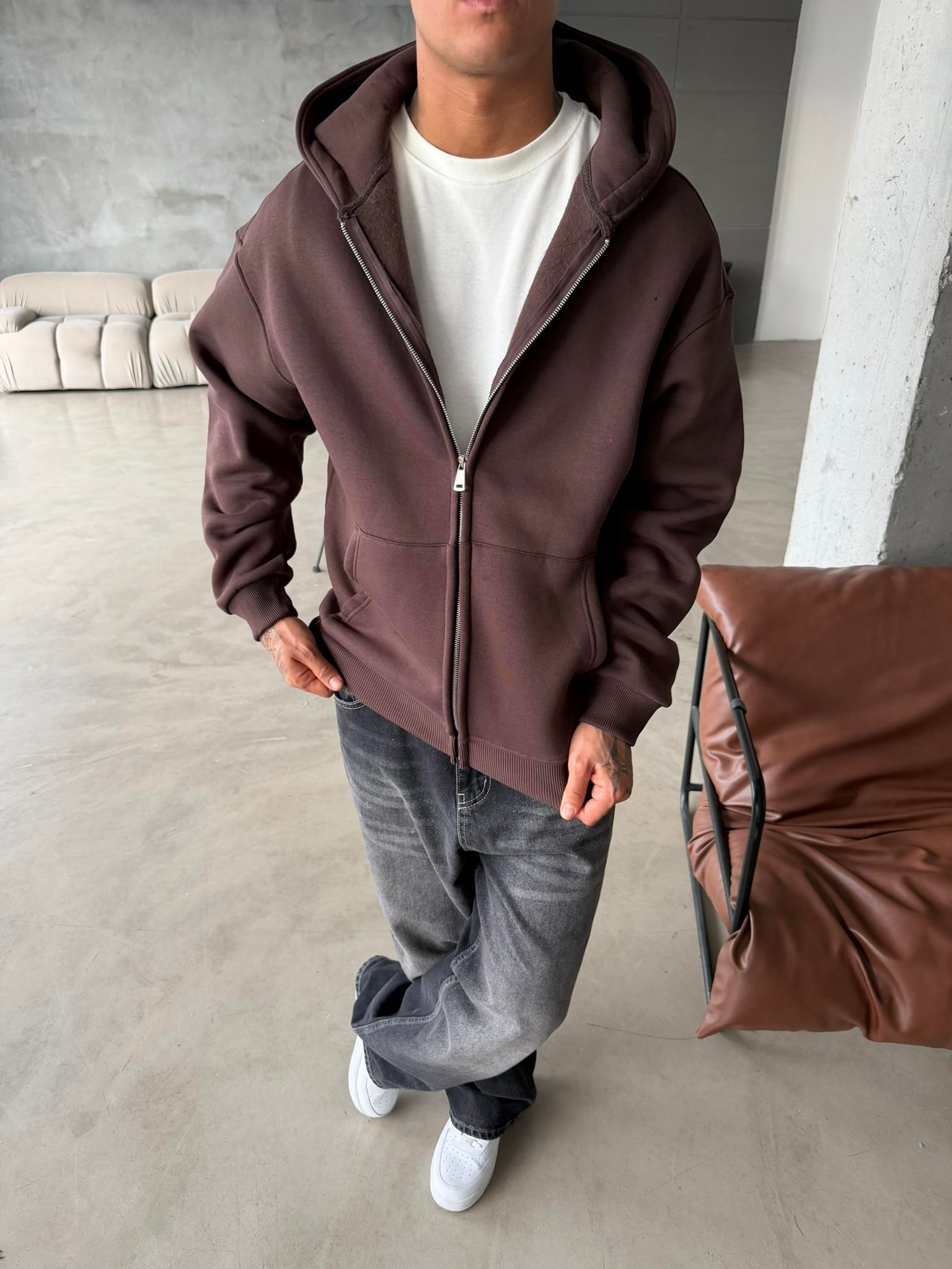 Düz Basic Zip hırka - Kahve