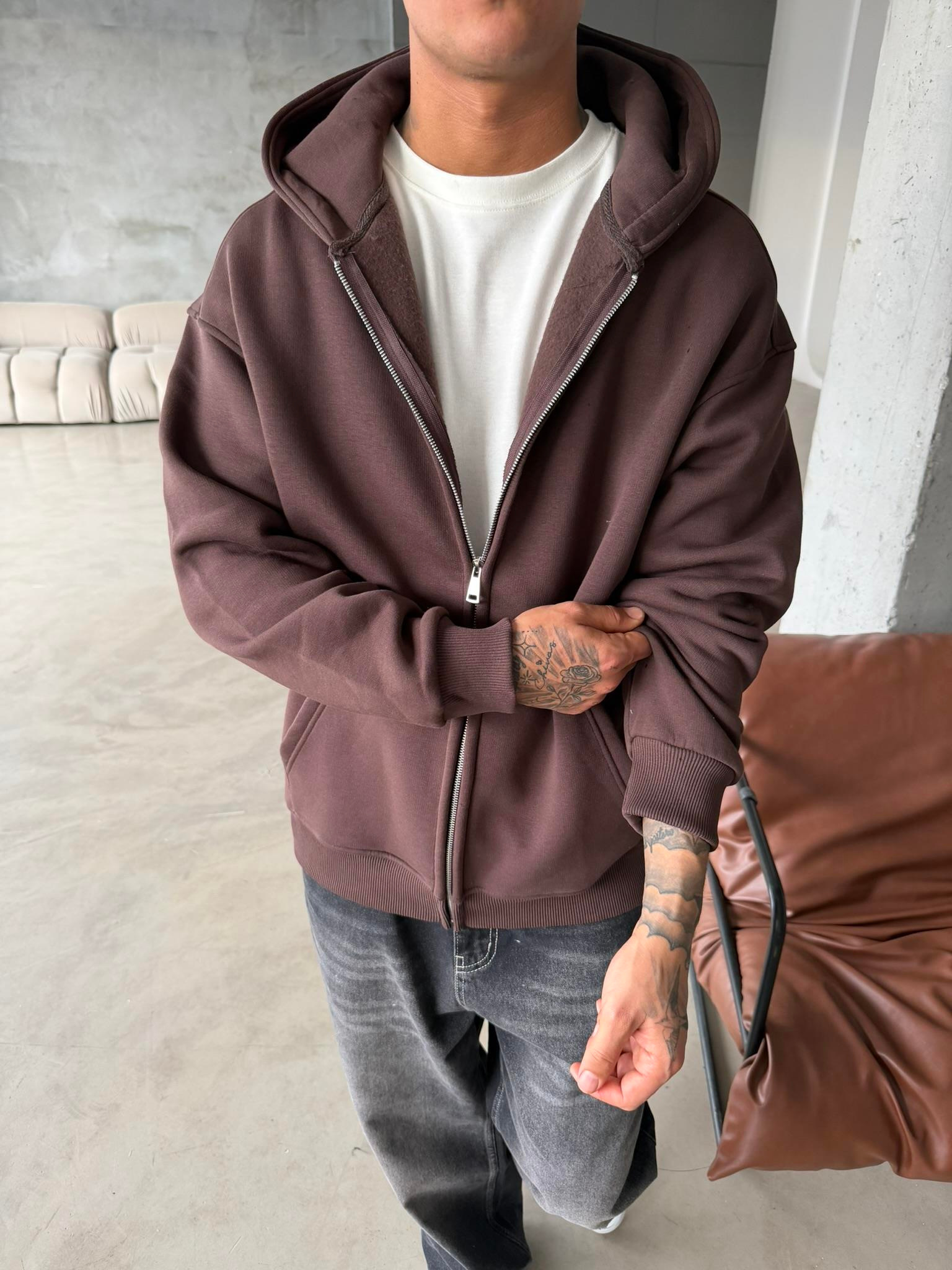 Düz Basic Zip hırka - Kahve