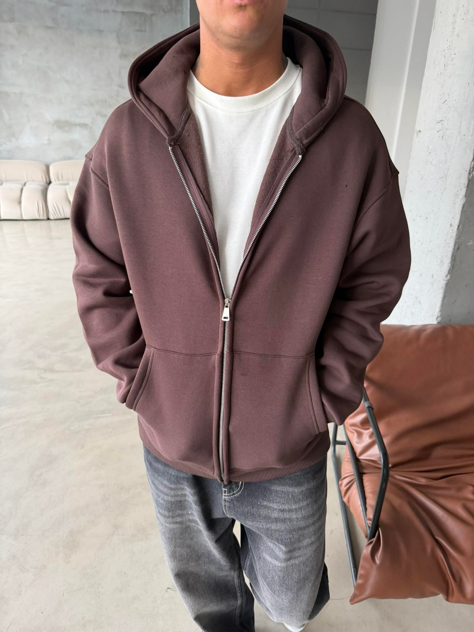 Düz Basic Zip hırka - Kahve