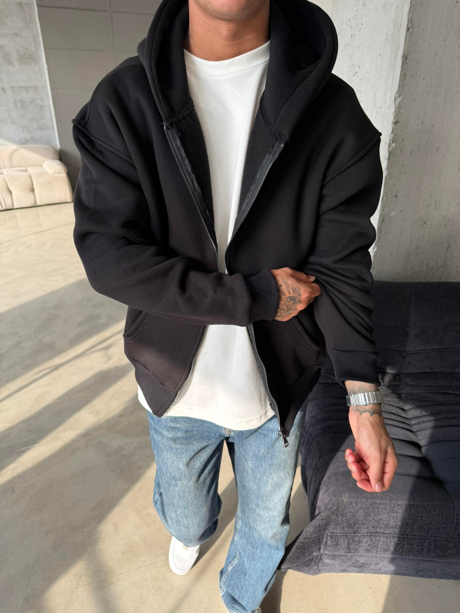 Düz Basic Zip hırka - Siyah