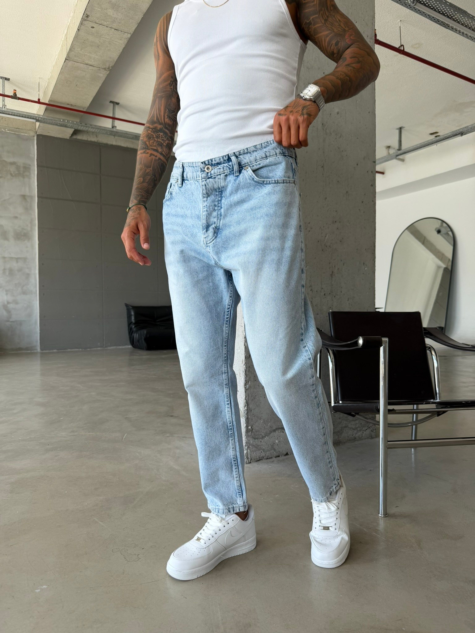 Düz Buz Mavi Boyfriend Jean - Buz Mavi
