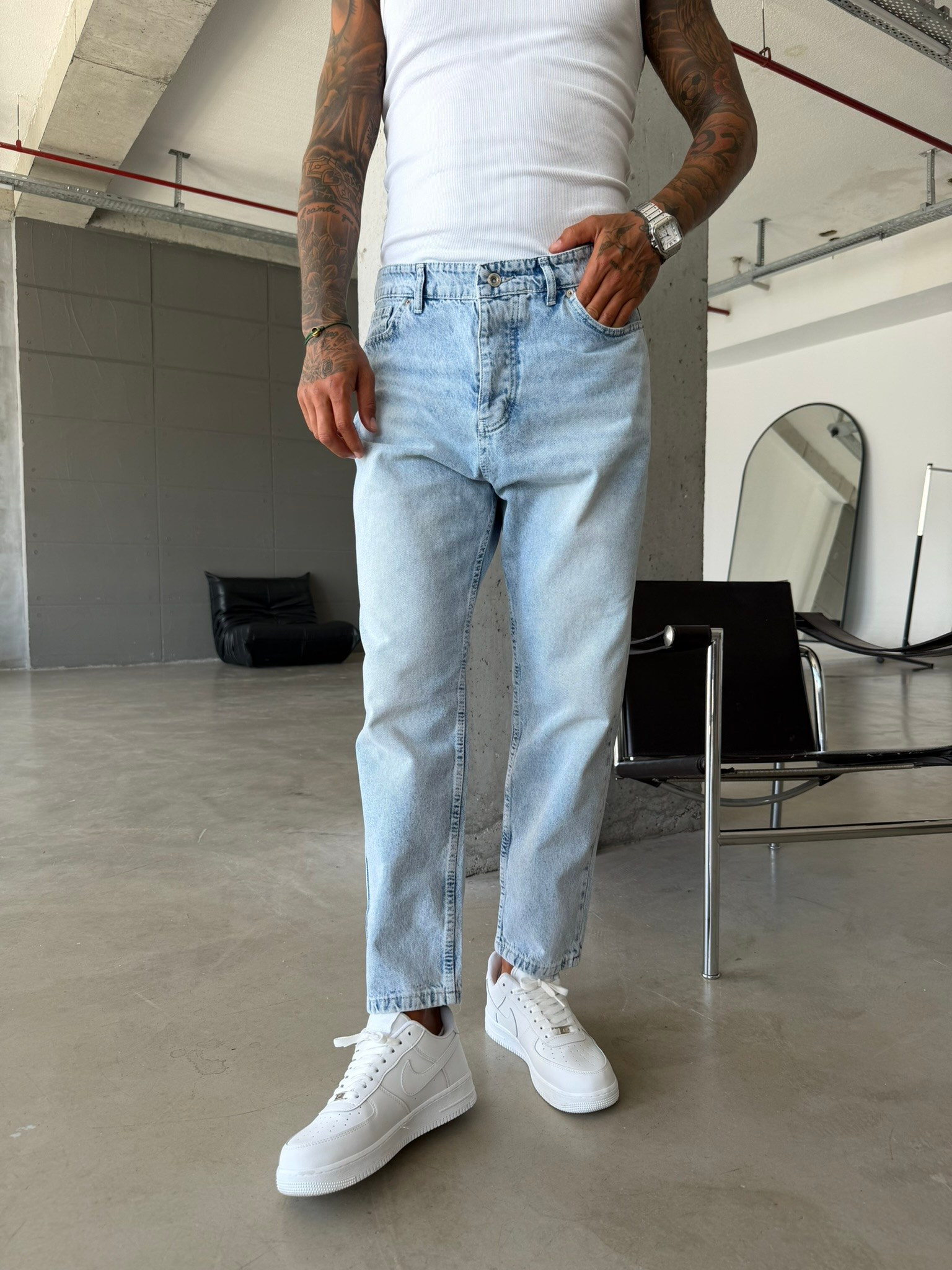 Düz Buz Mavi Boyfriend Jean - Buz Mavi
