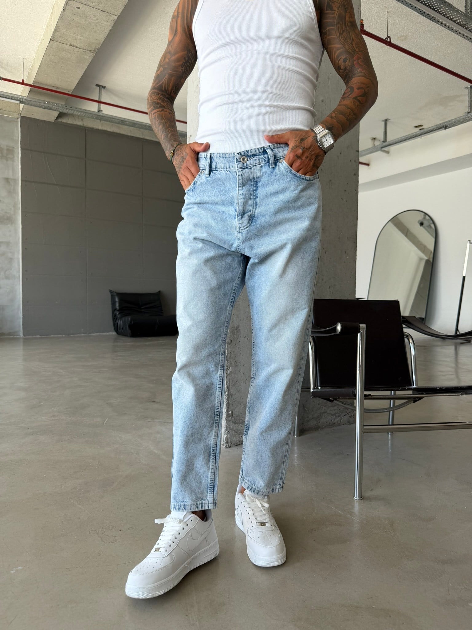 Düz Buz Mavi Boyfriend Jean - Buz Mavi