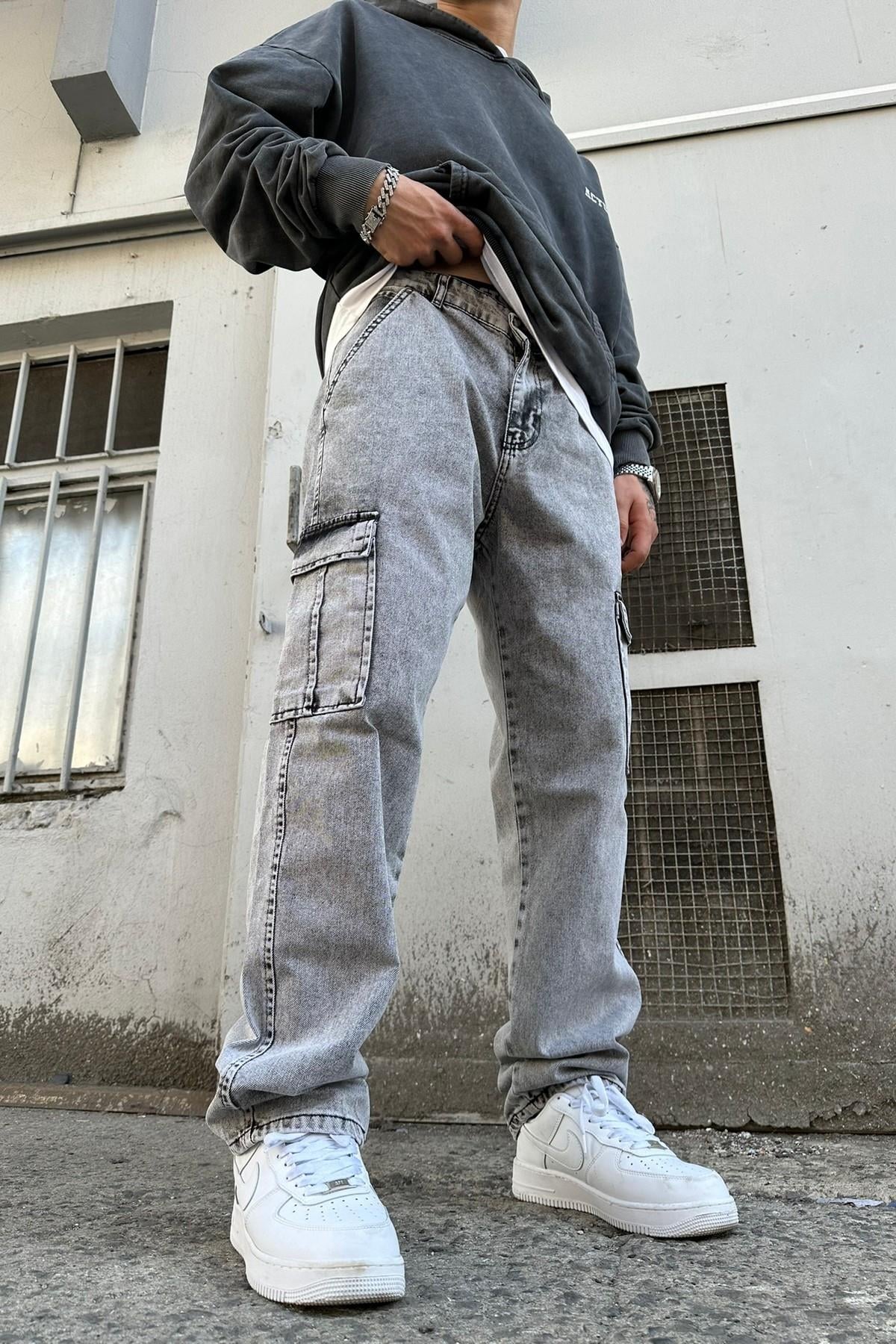 Düz Kargo Baggy Pantolon Gri