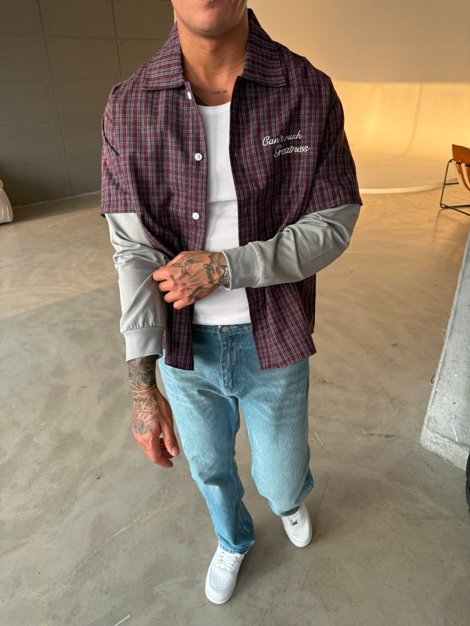 Ekose Eklem Kol Detaylı Gömlek - Bordo