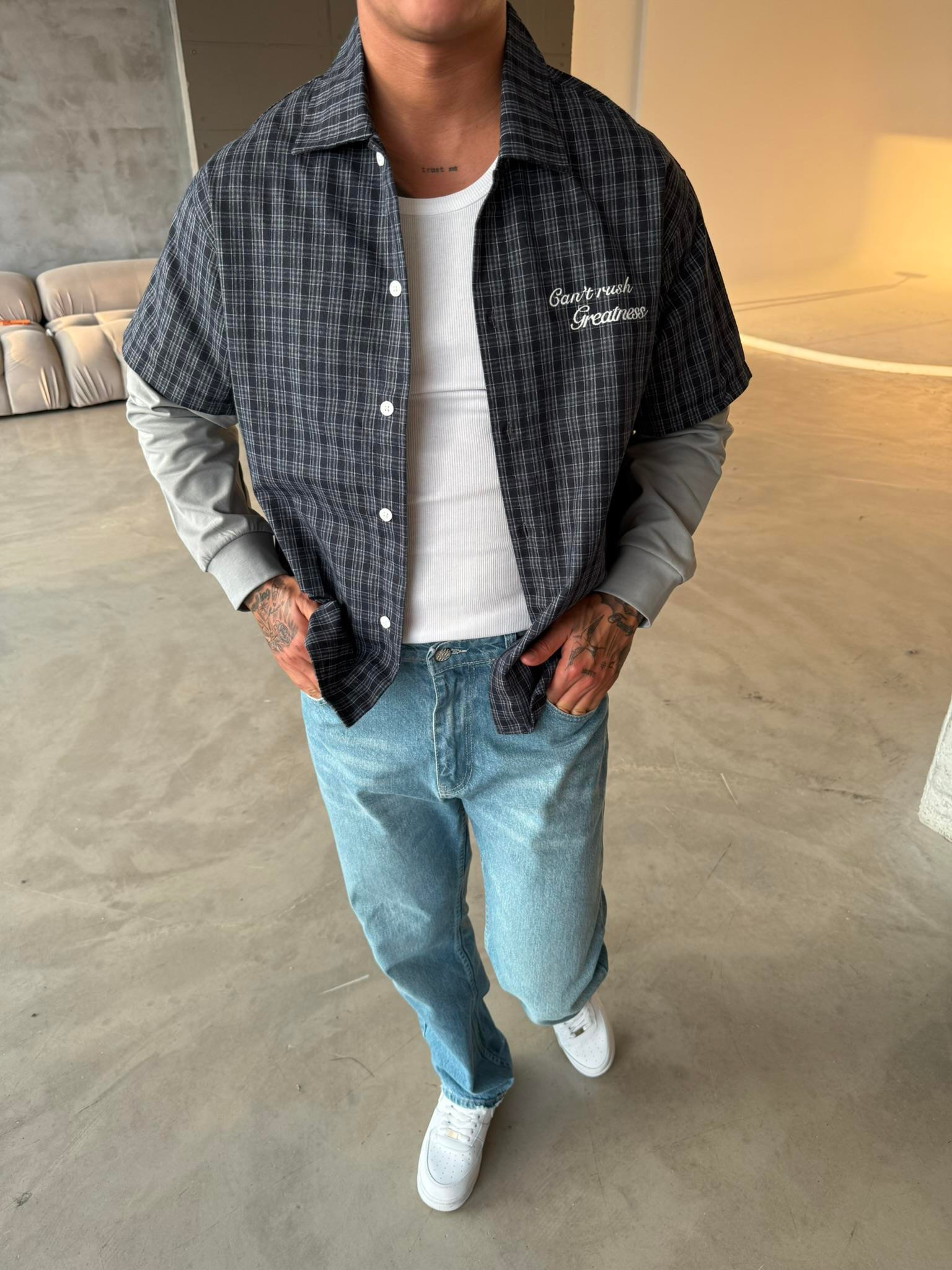 Ekose Eklem Kol Detaylı Gömlek - Mavi