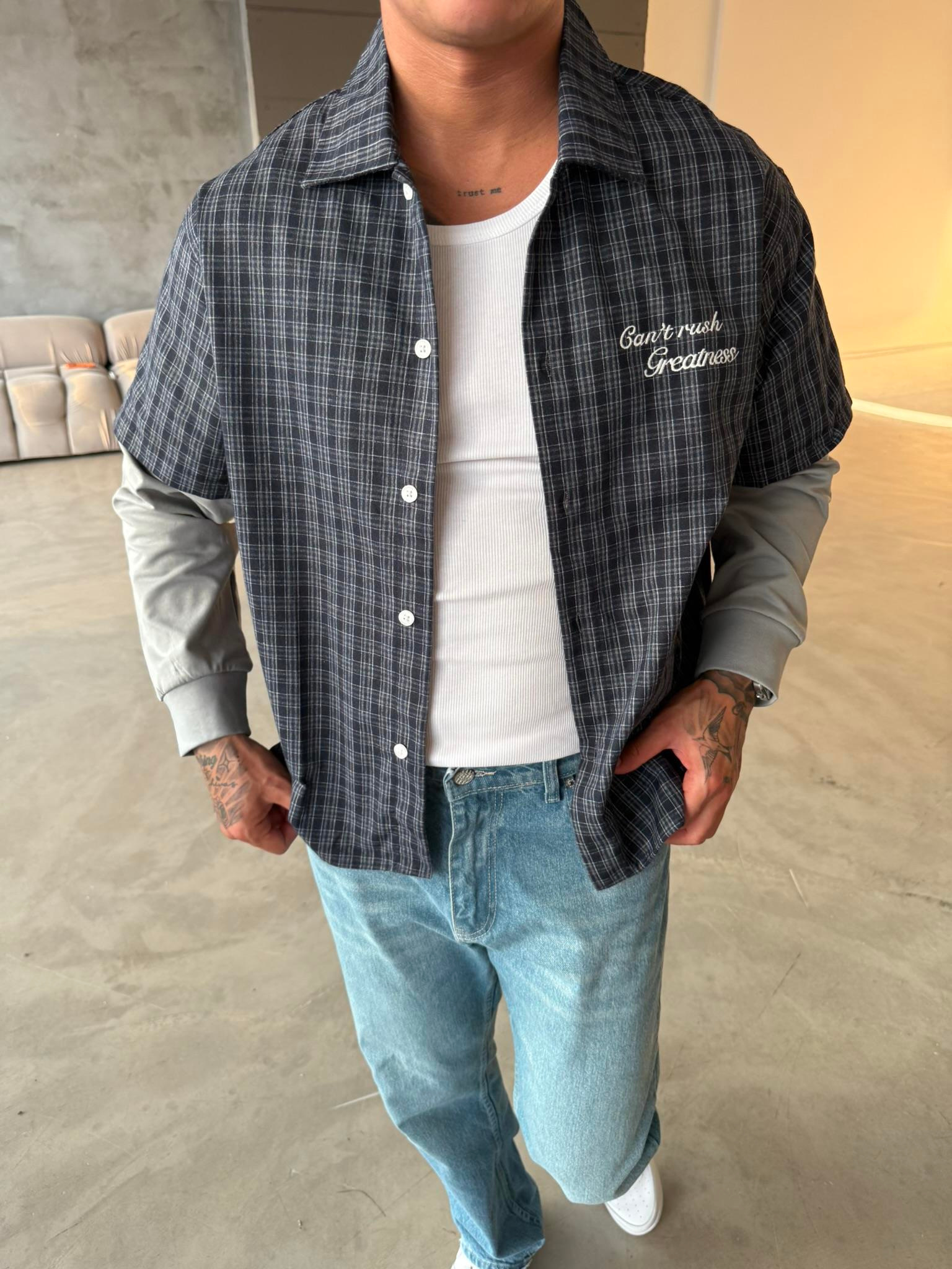 Ekose Eklem Kol Detaylı Gömlek - Mavi