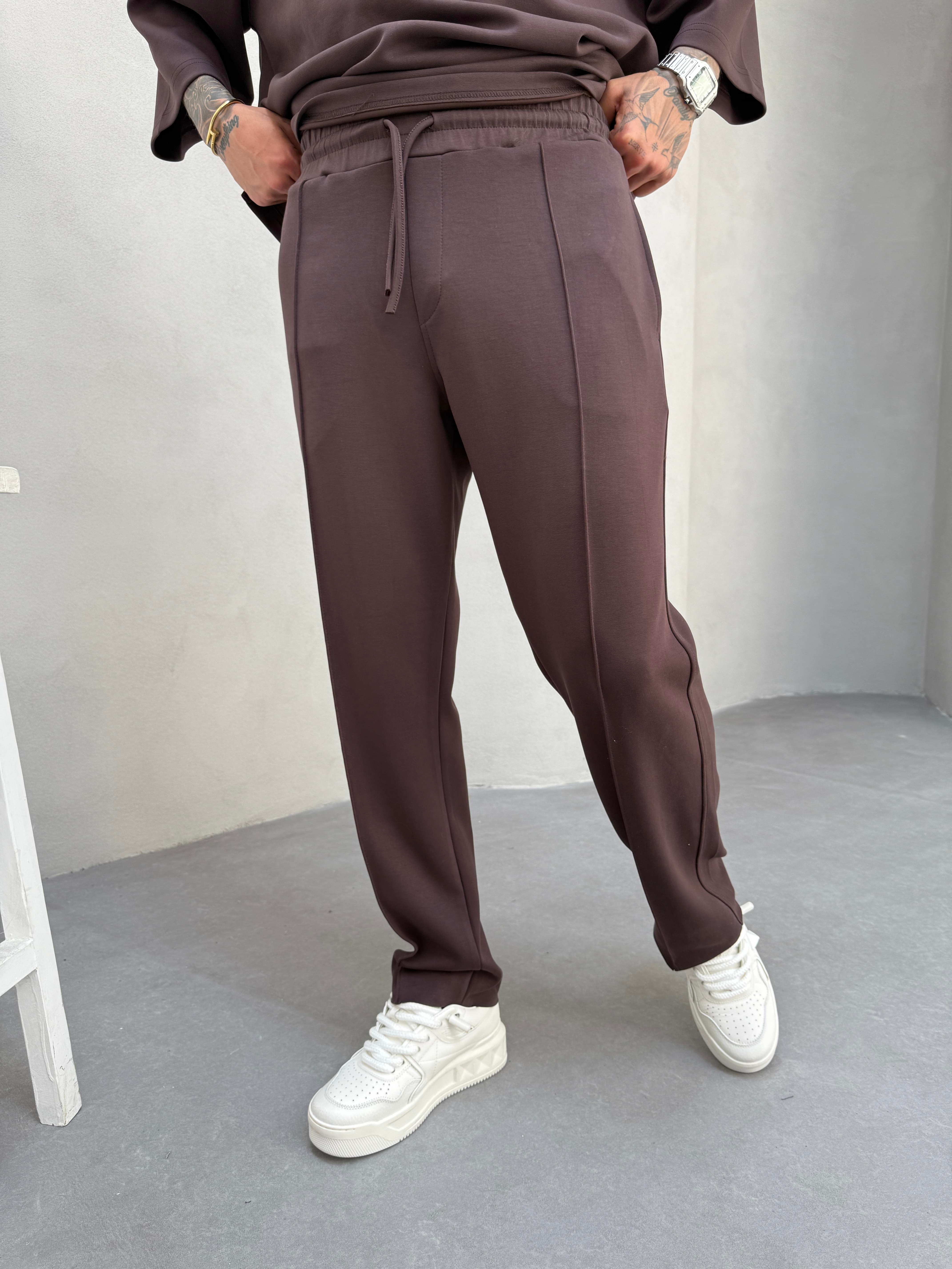 Erkek Baggy Dokulu Kumaş Pileli Eşofman Altı - Kahve