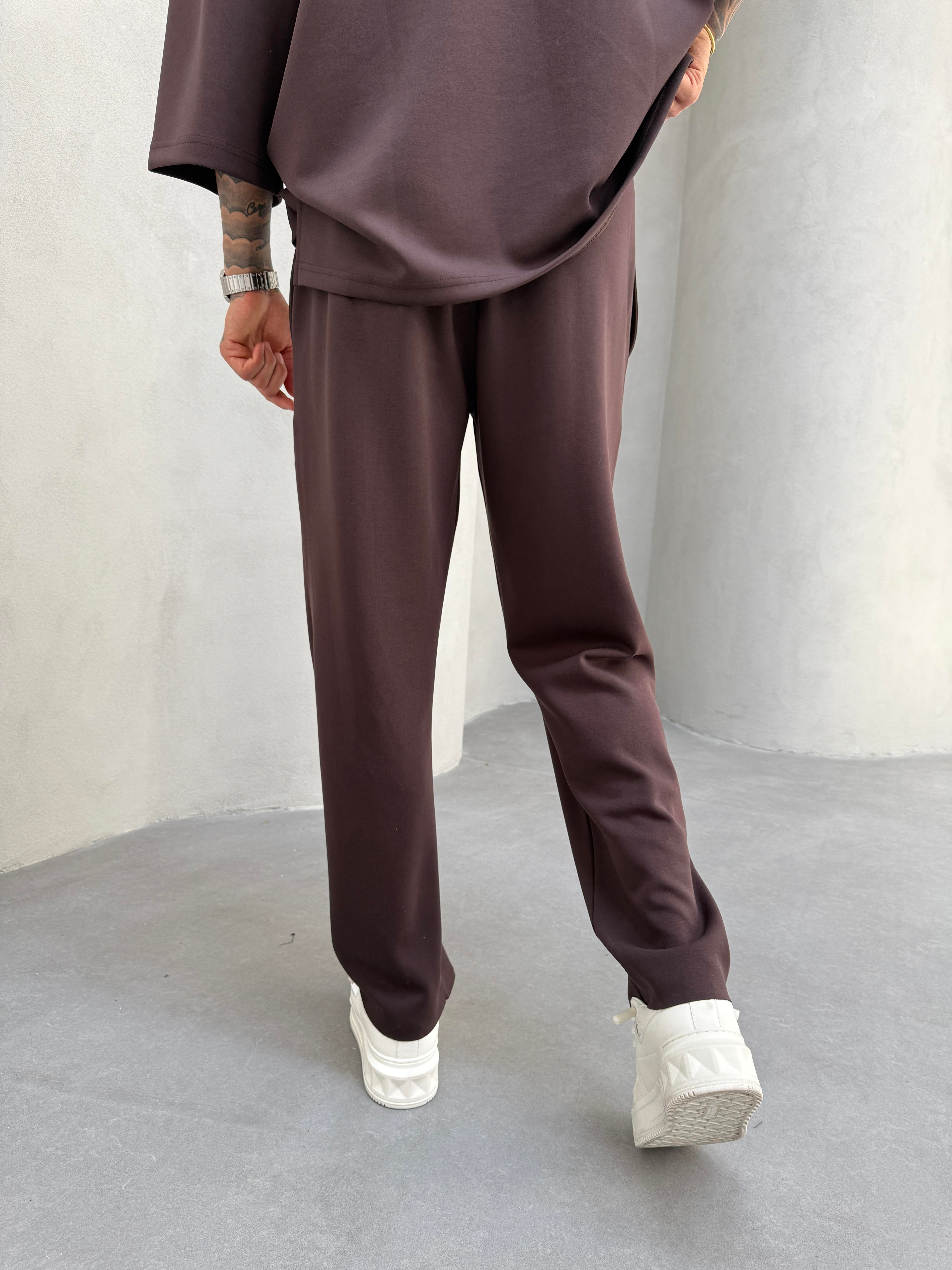 Erkek Baggy Dokulu Kumaş Pileli Eşofman Altı - Kahve