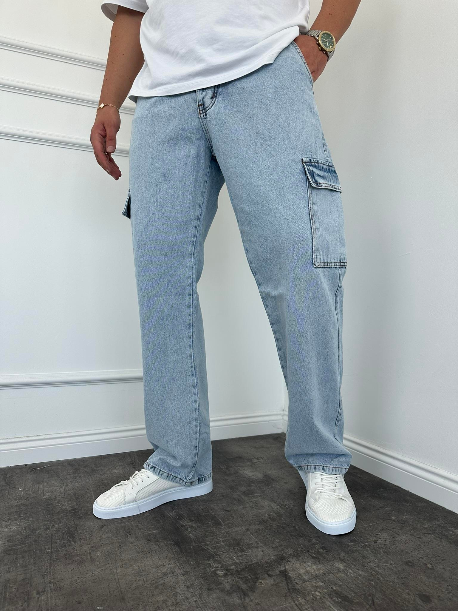 Erkek Baggy Fit Kargo Cepli Jean Kot Pantolon Buz Mavi