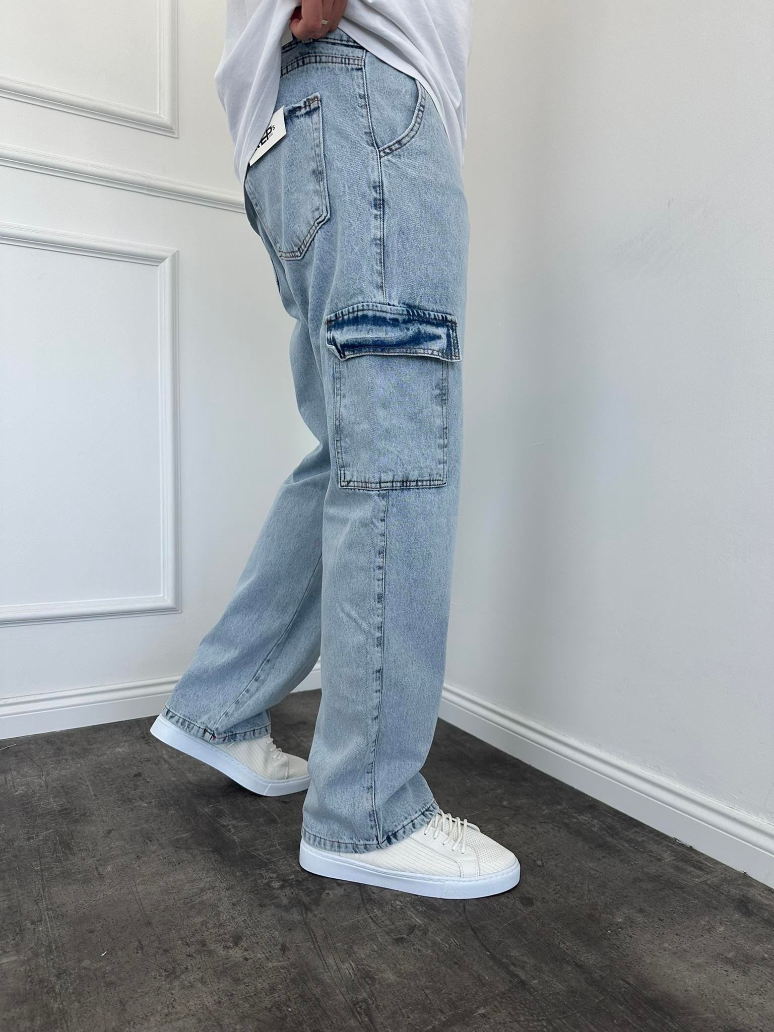 Erkek Baggy Fit Kargo Cepli Jean Kot Pantolon Buz Mavi