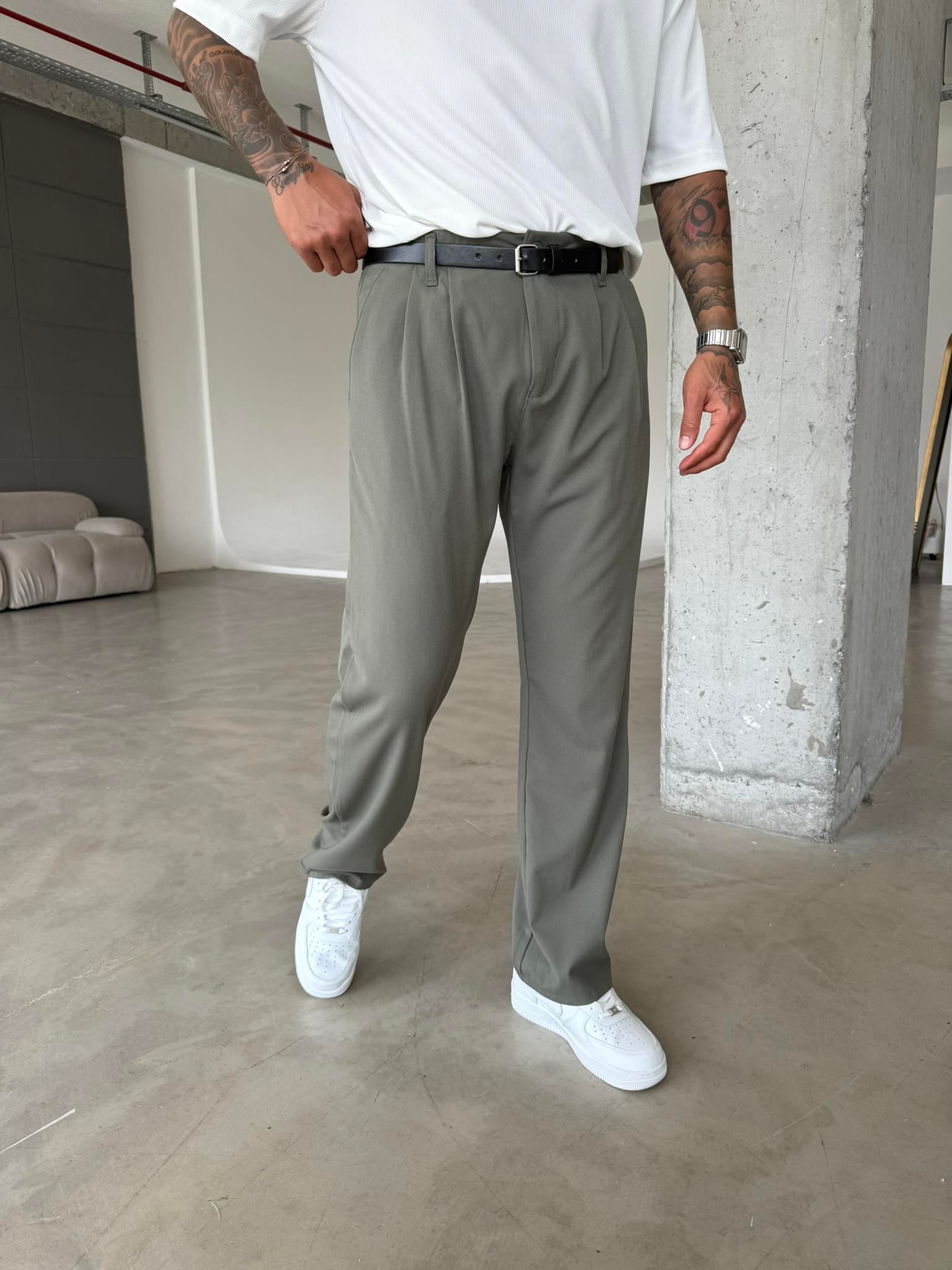 Erkek Baggy Fit Pileli Kumaş Pantolon Haki