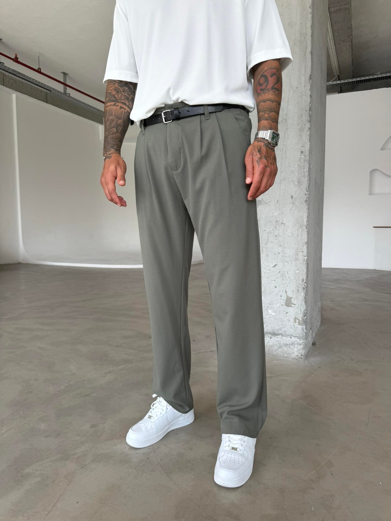 Erkek Baggy Fit Pileli Kumaş Pantolon Haki