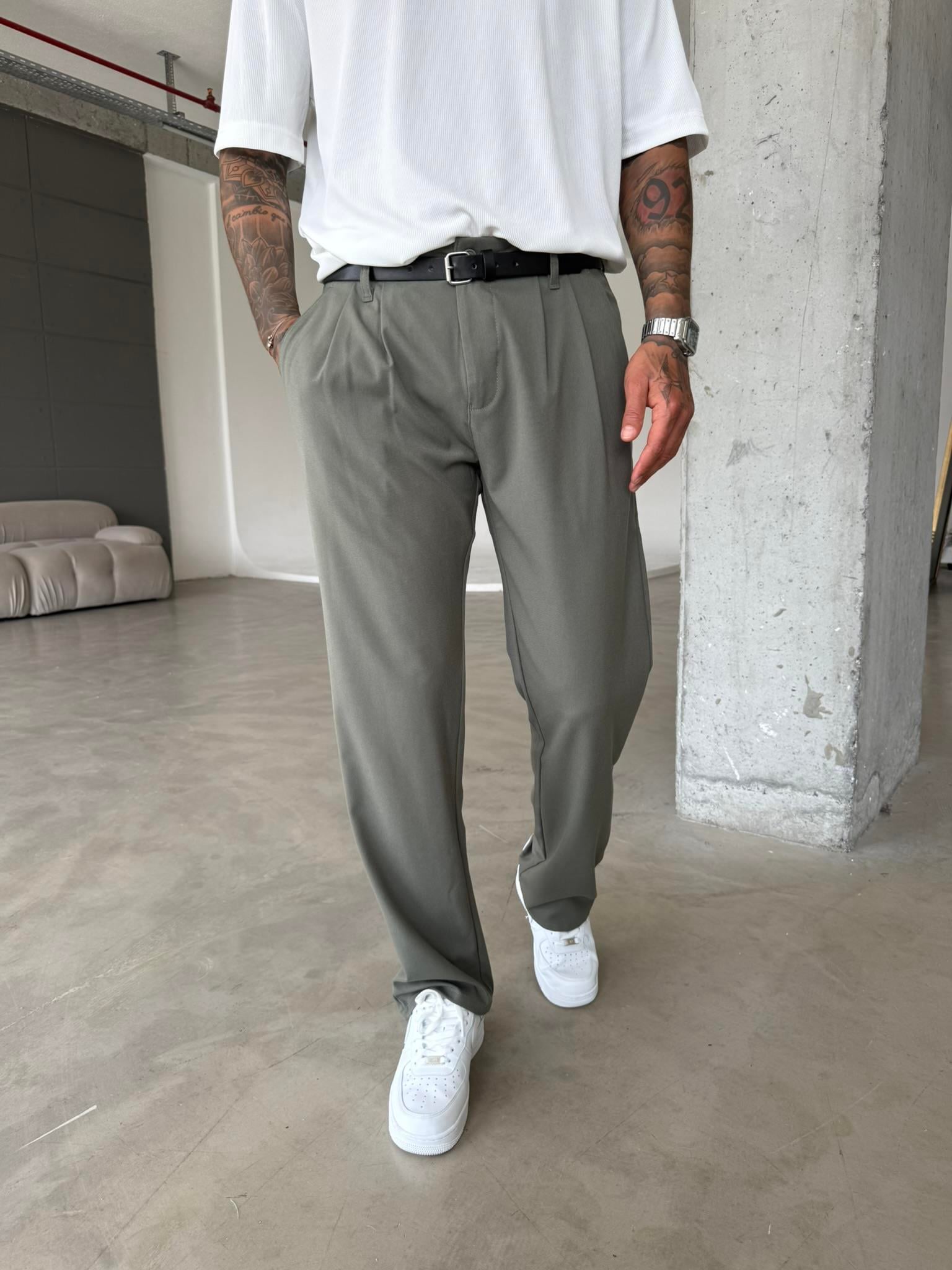 Erkek Baggy Fit Pileli Kumaş Pantolon Haki
