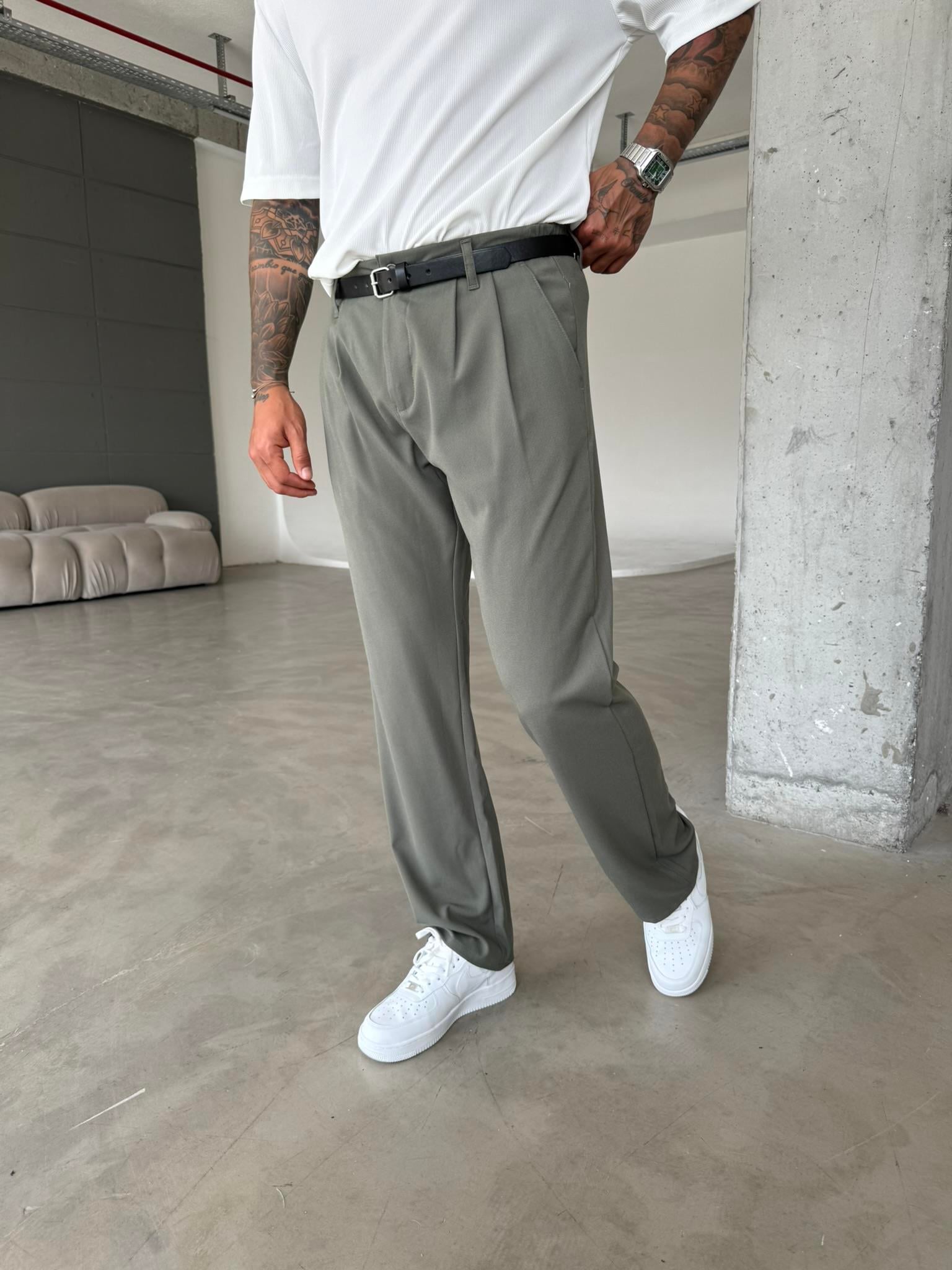 Erkek Baggy Fit Pileli Kumaş Pantolon Haki