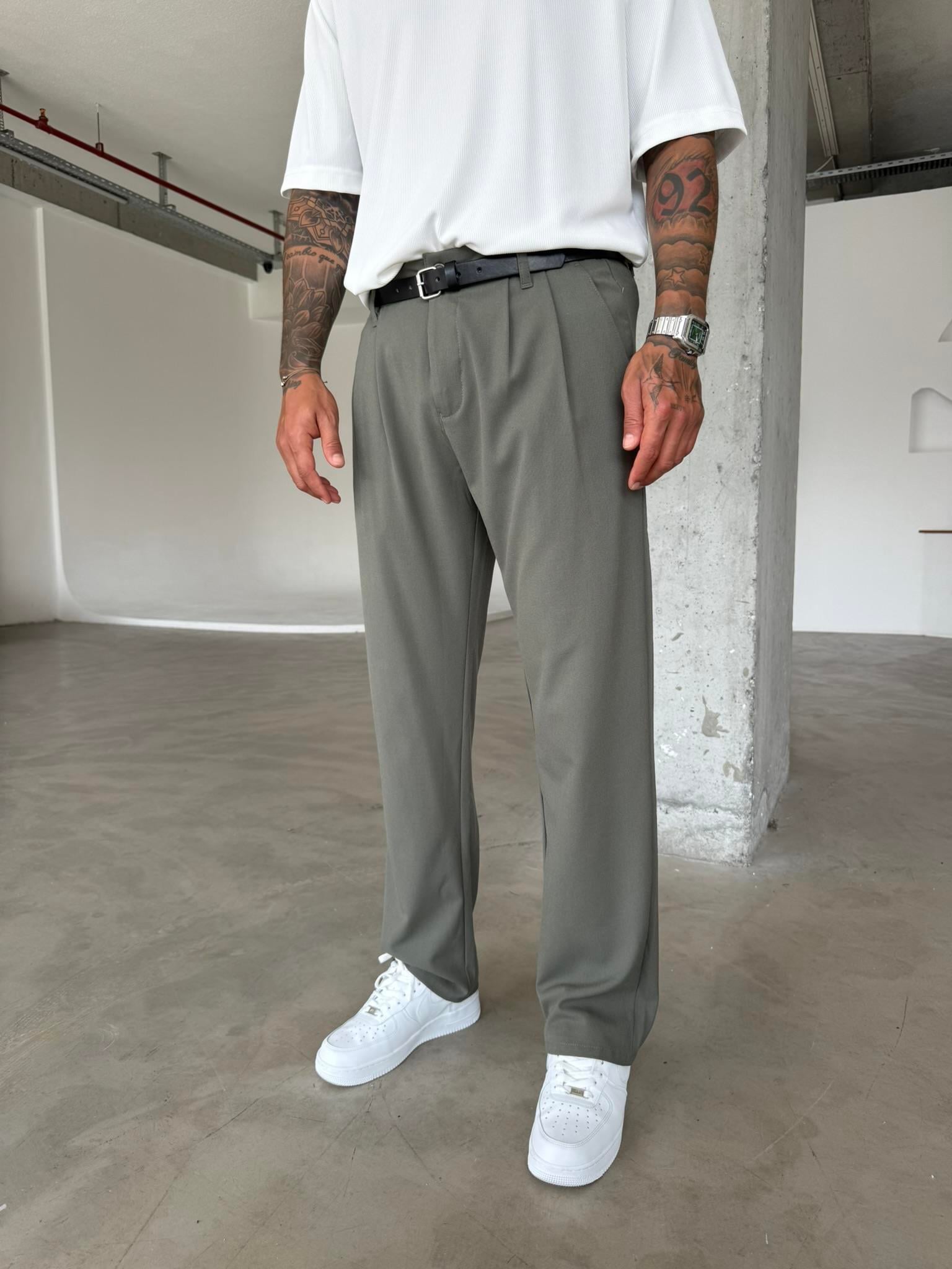Erkek Baggy Fit Pileli Kumaş Pantolon Haki