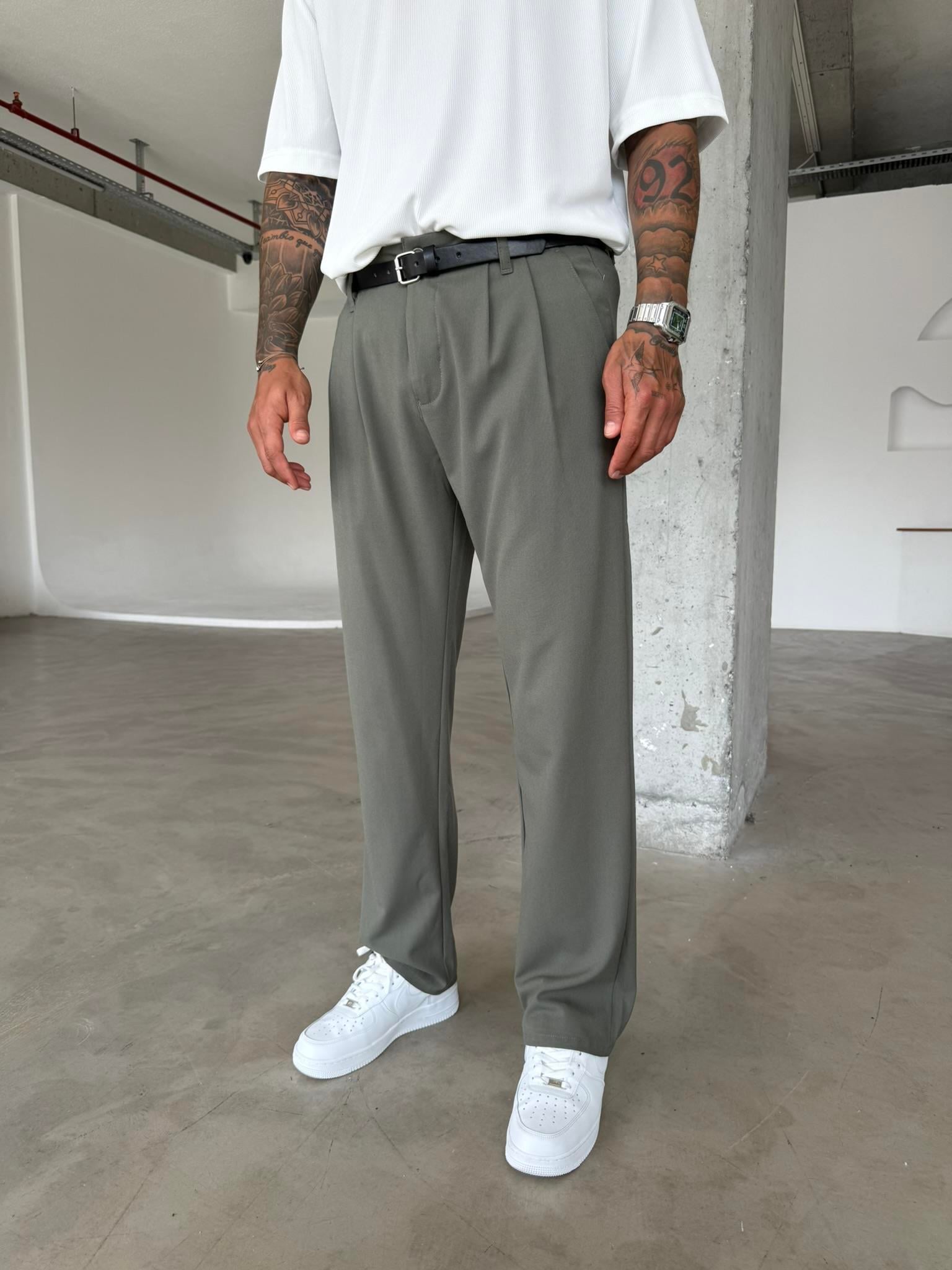 Erkek Baggy Fit Pileli Kumaş Pantolon Haki