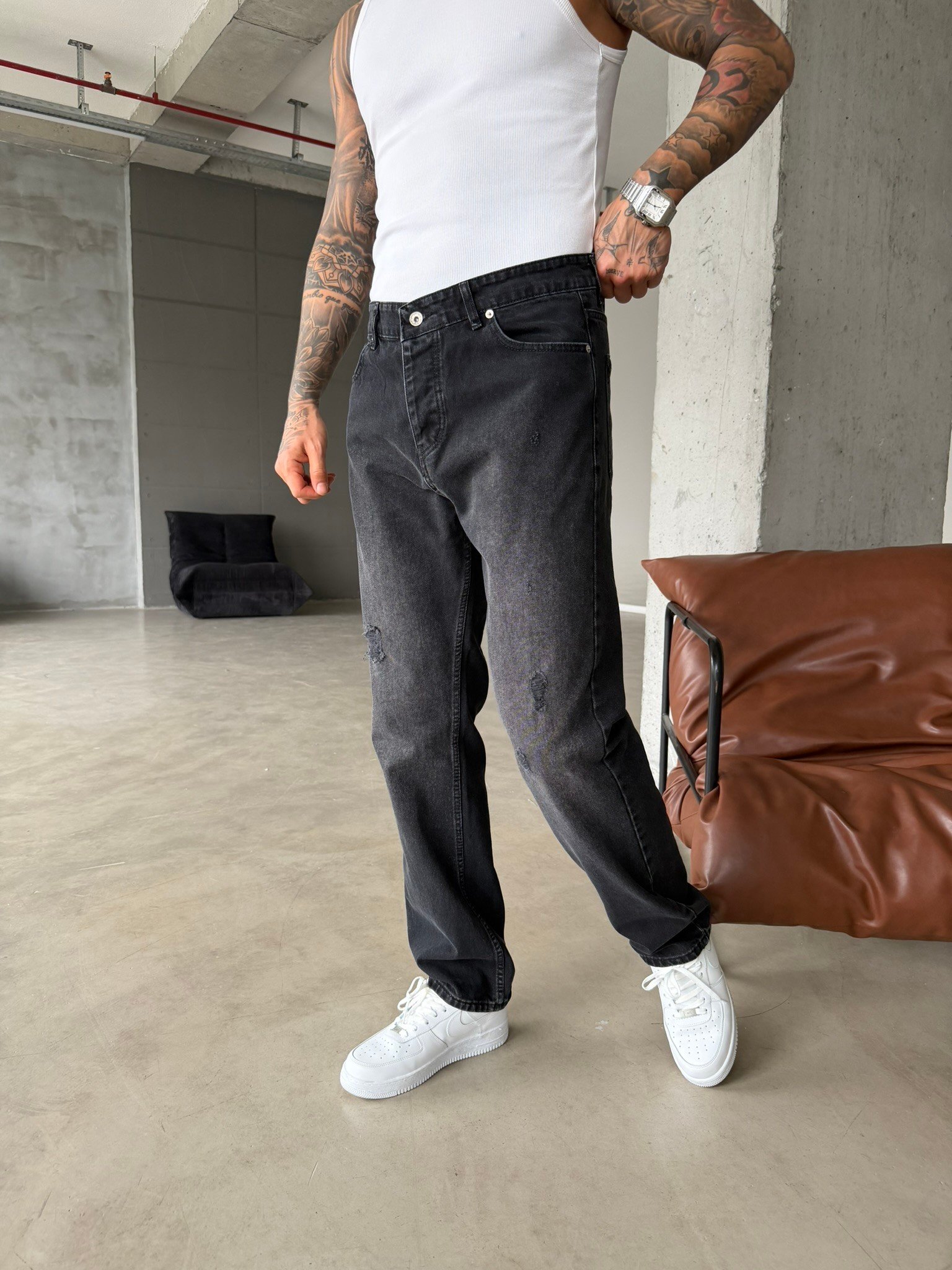 Erkek Baggy Fit Yırtık Detaylı Jean Kot Pantolon Antrasit