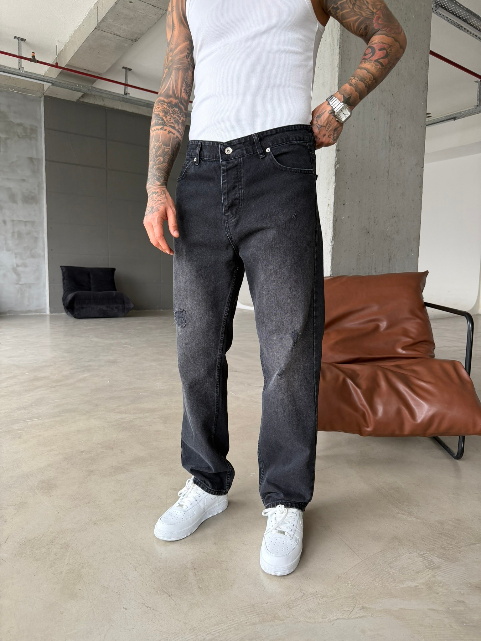 Erkek Baggy Fit Yırtık Detaylı Jean Kot Pantolon Antrasit