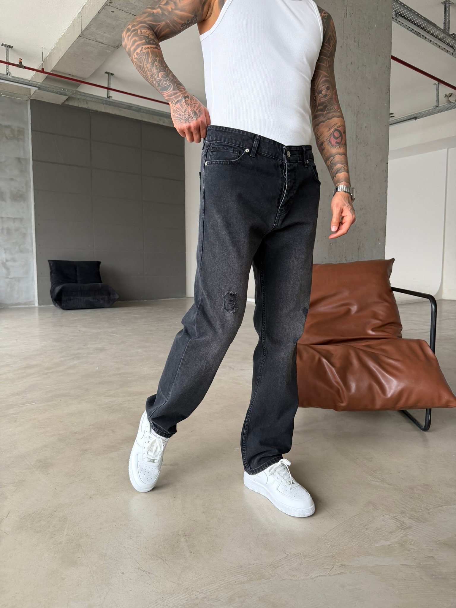 Erkek Baggy Fit Yırtık Detaylı Jean Kot Pantolon Antrasit