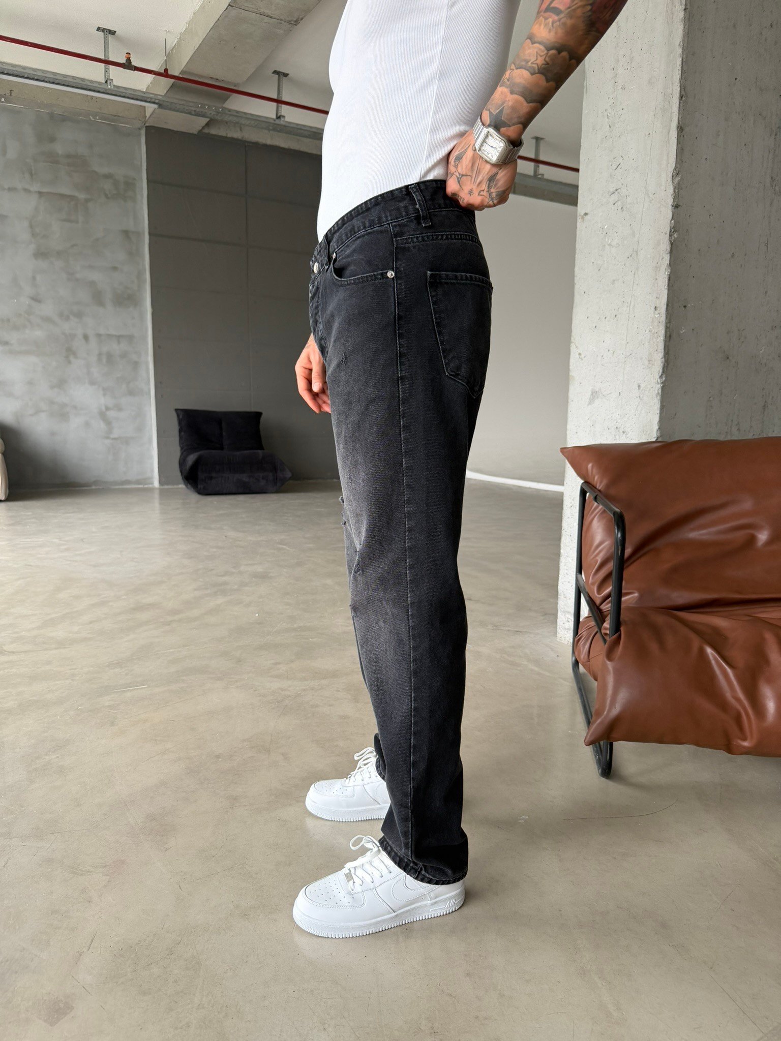 Erkek Baggy Fit Yırtık Detaylı Jean Kot Pantolon Antrasit