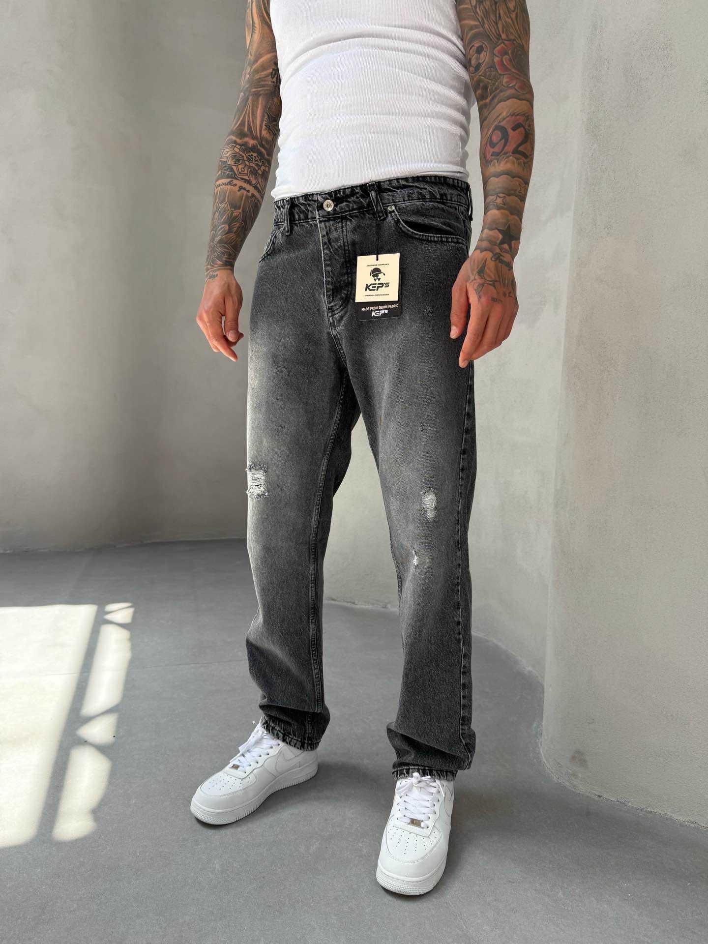Erkek Baggy Fit Yırtık Detaylı Jean Kot Pantolon Antrasit