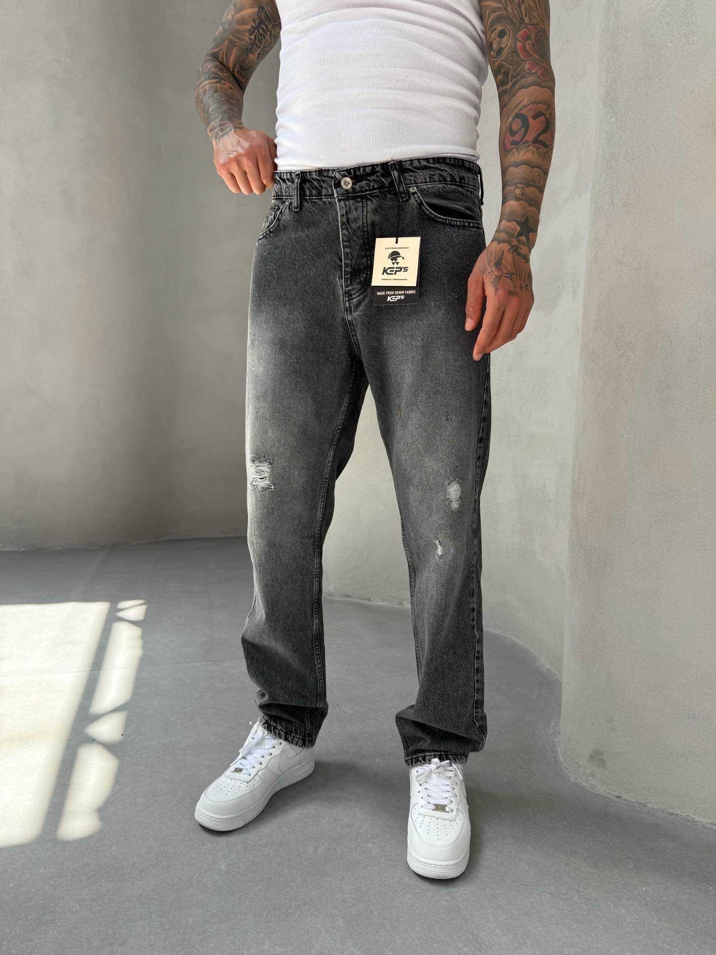 Erkek Baggy Fit Yırtık Detaylı Jean Kot Pantolon Antrasit