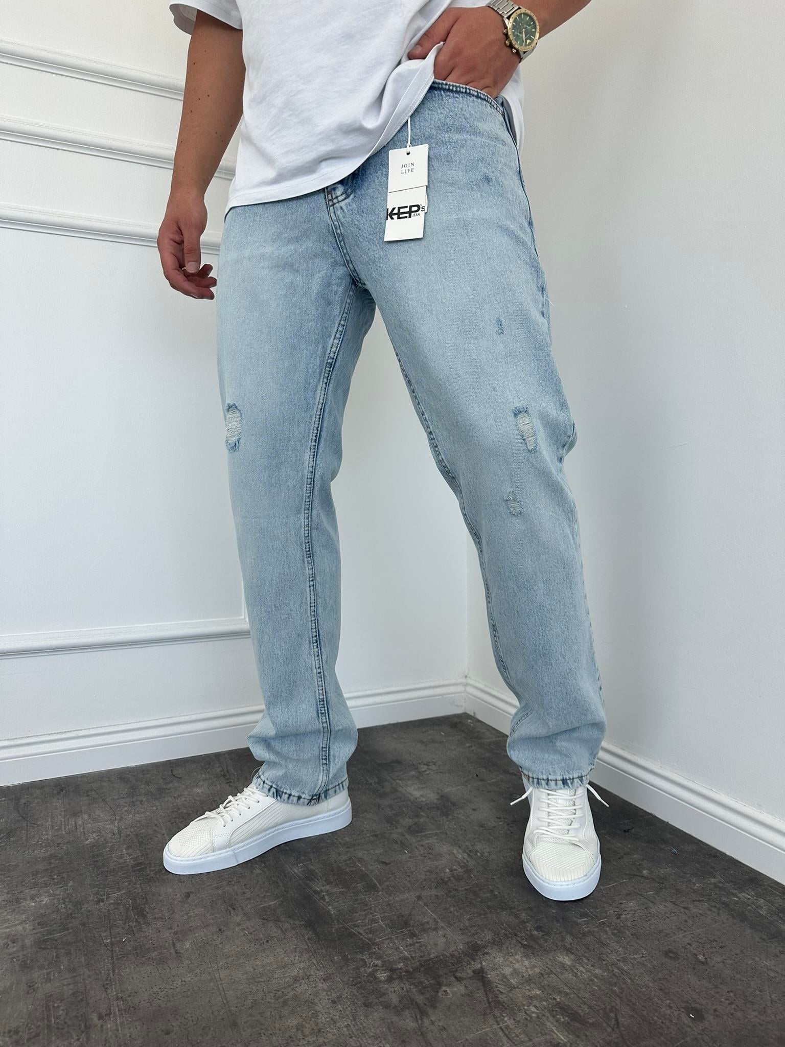 Erkek Baggy Fit Yırtık Detaylı Jean Kot Pantolon Buz Mavi