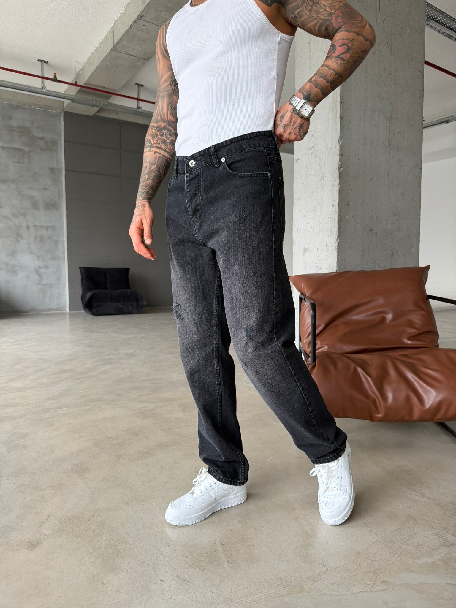 Erkek Baggy Fit Yırtık Detaylı Jean Kot Pantolon Antrasit