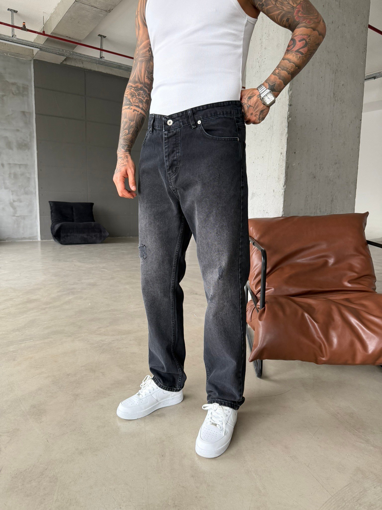 Erkek Baggy Fit Yırtık Detaylı Jean Kot Pantolon Antrasit