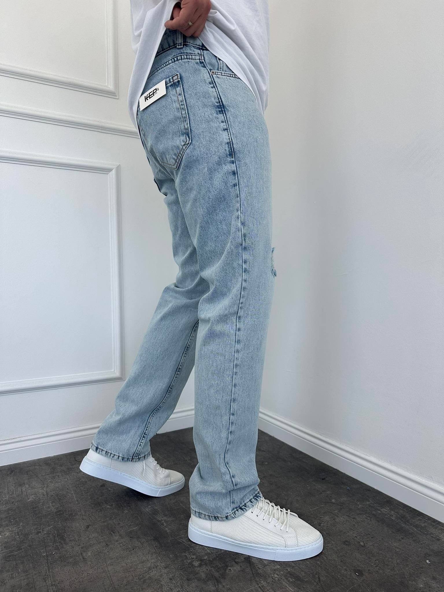 Erkek Baggy Fit Yırtık Detaylı Jean Kot Pantolon Buz Mavi