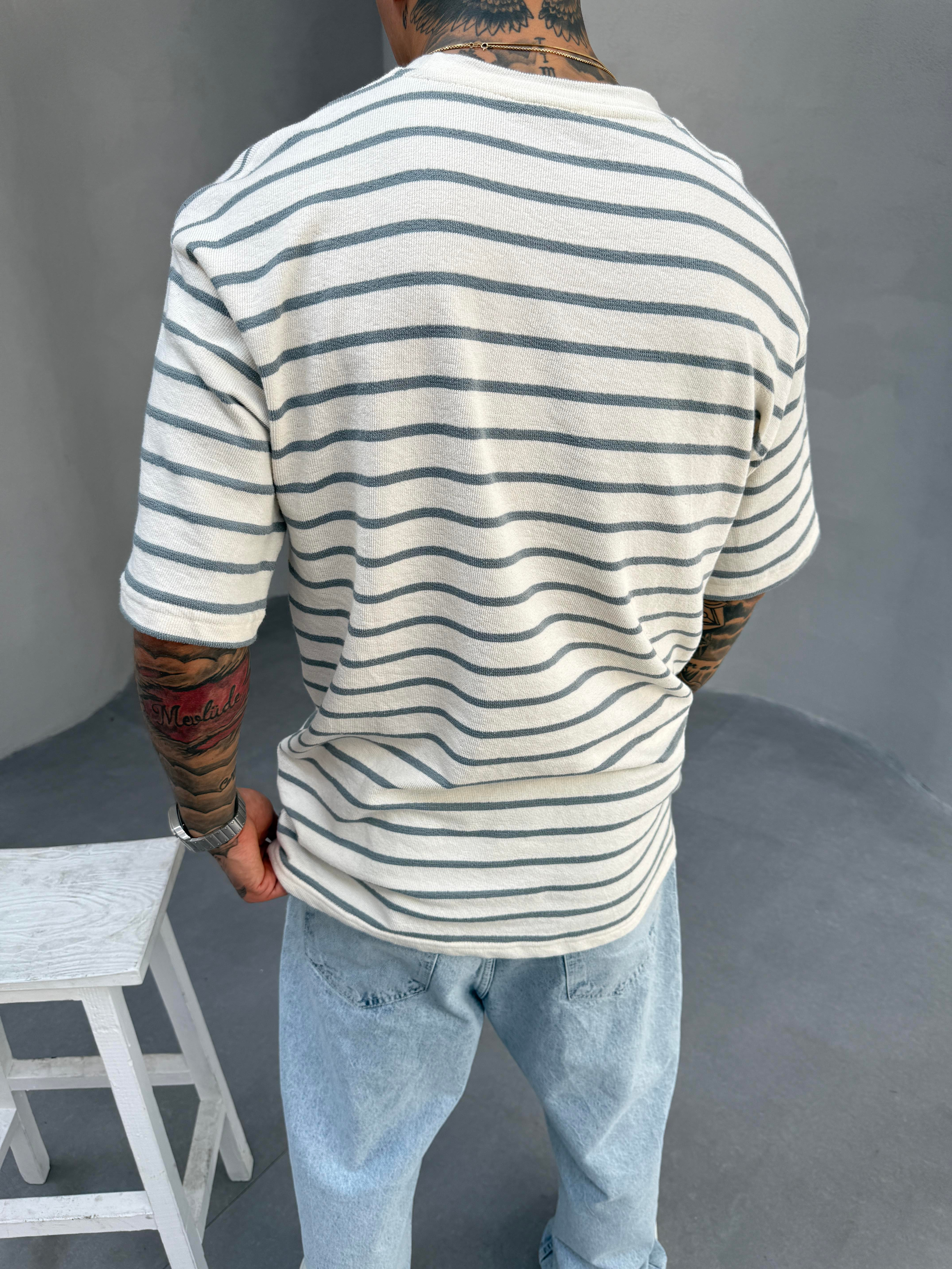 Erkek Basic Cizgili T-Shirt - Füme