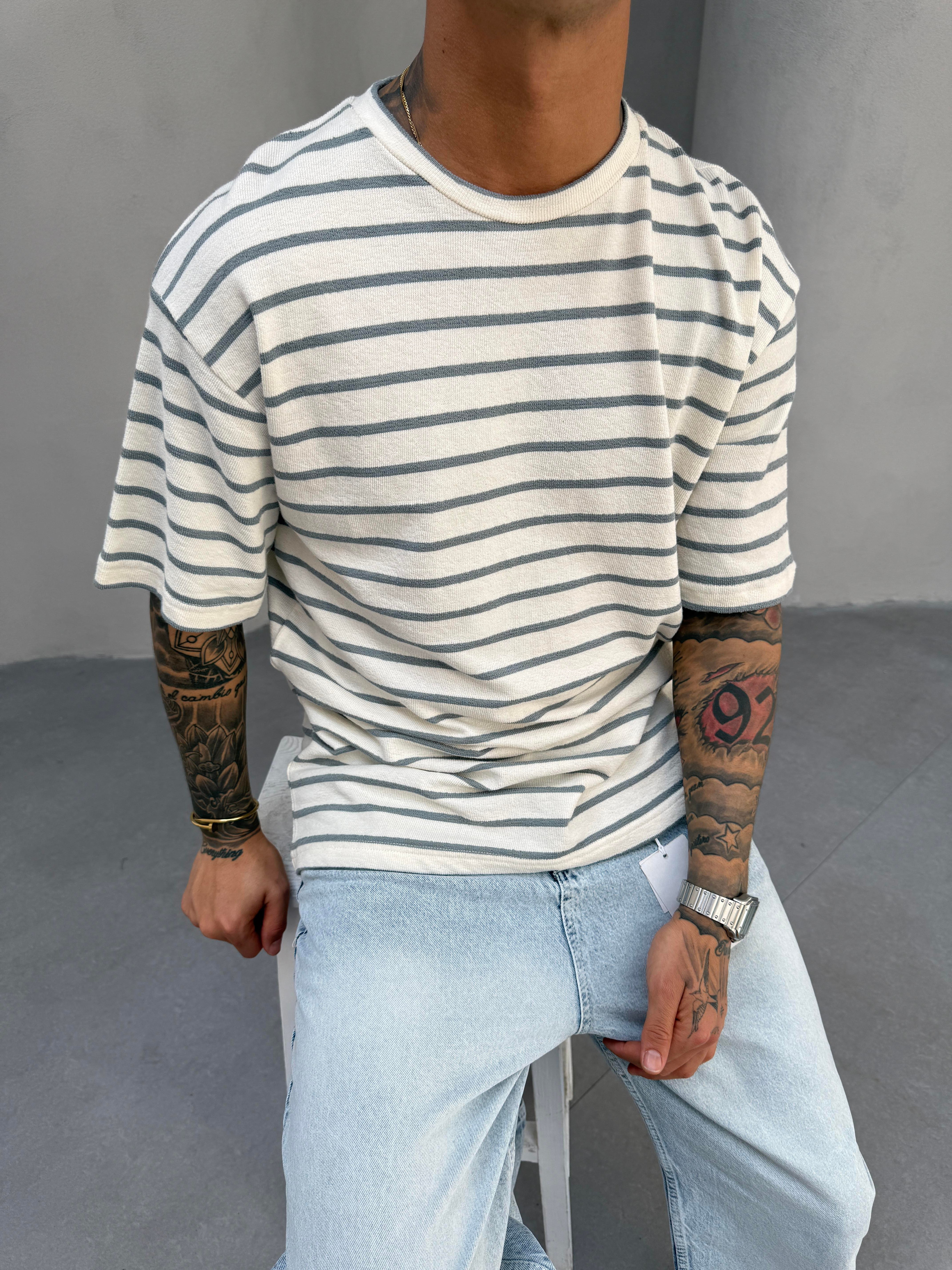 Erkek Basic Cizgili T-Shirt - Füme