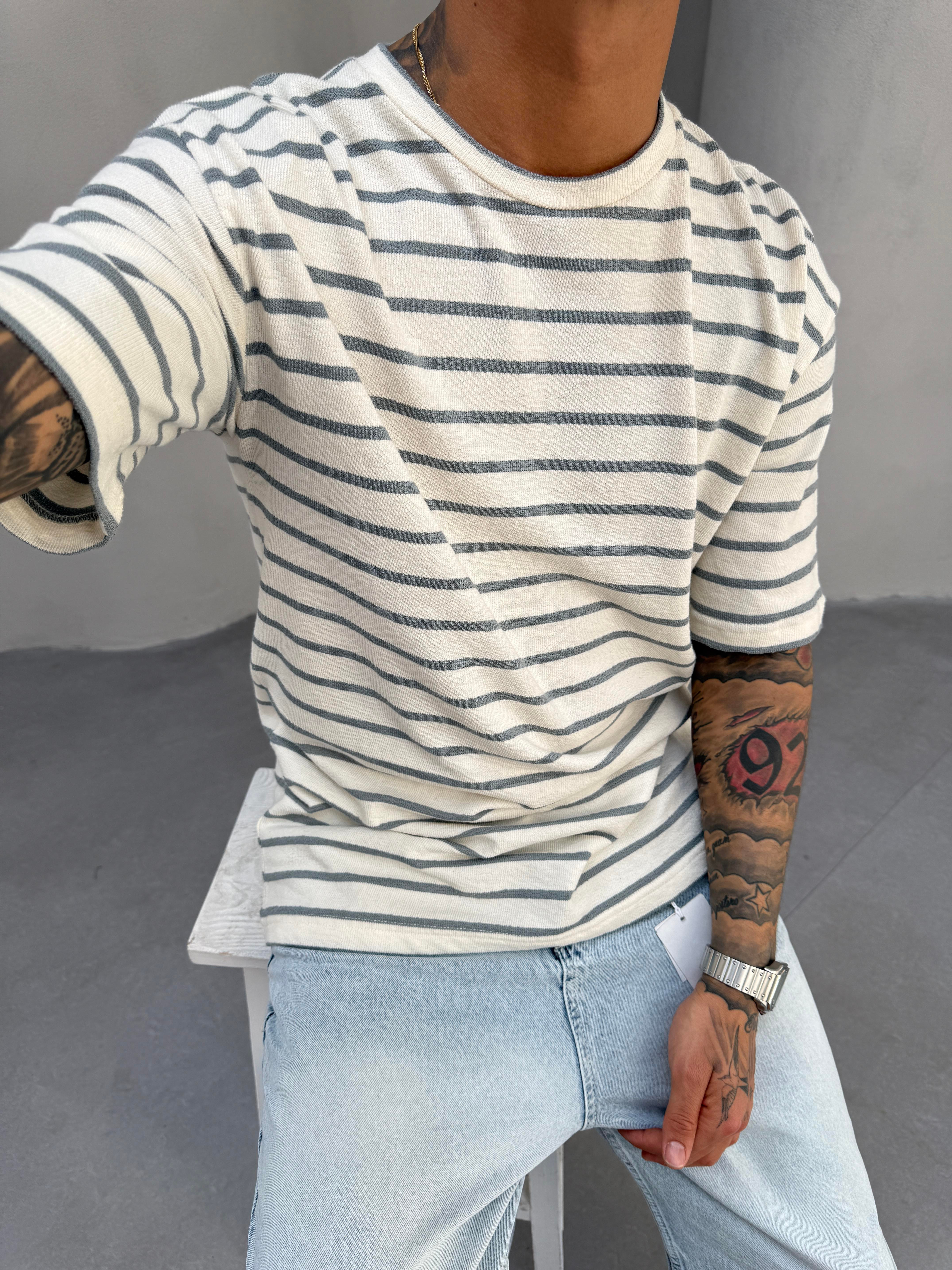 Erkek Basic Cizgili T-Shirt - Füme