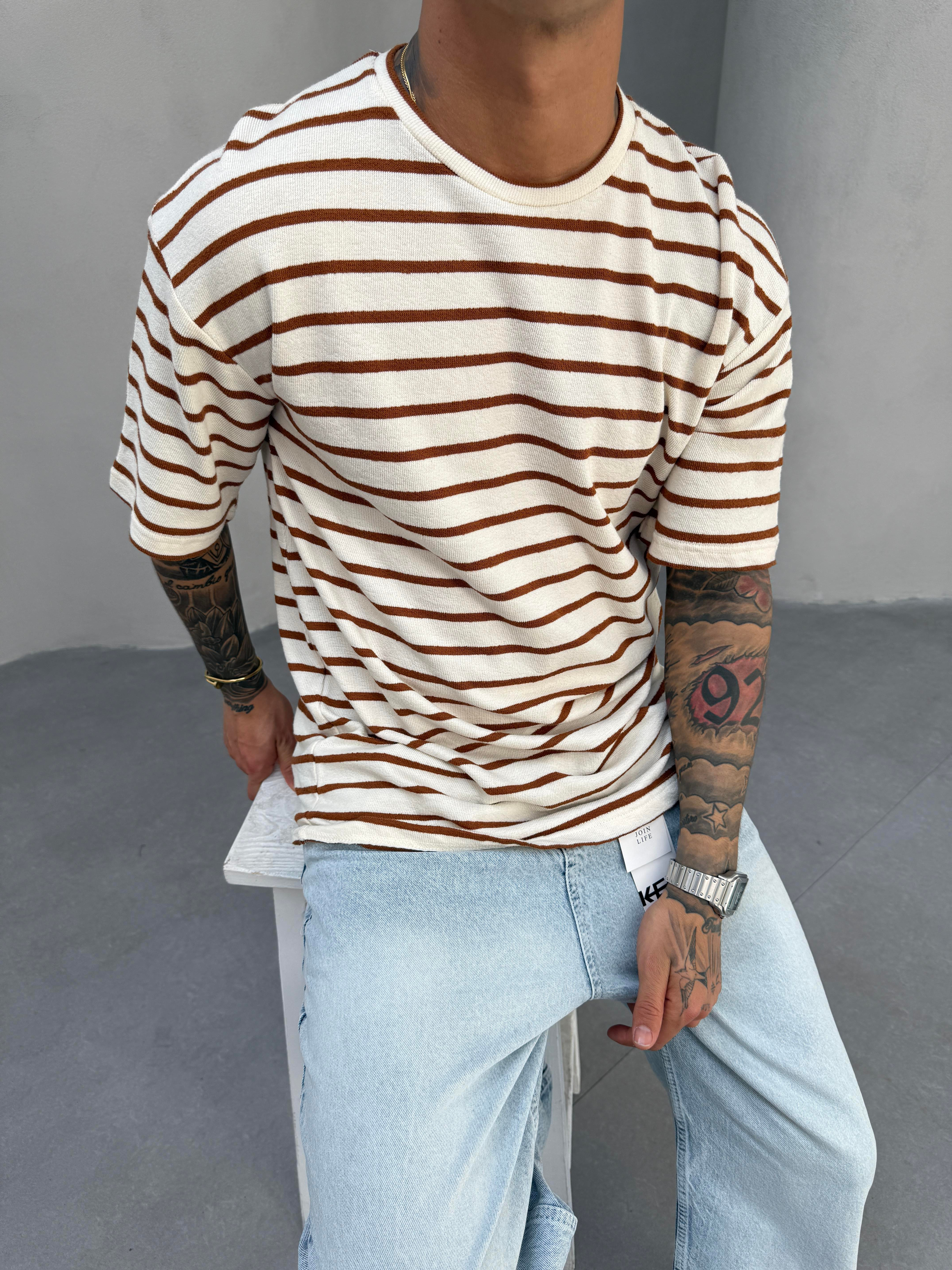 Erkek Basic Cizgili T-Shirt - Kahve