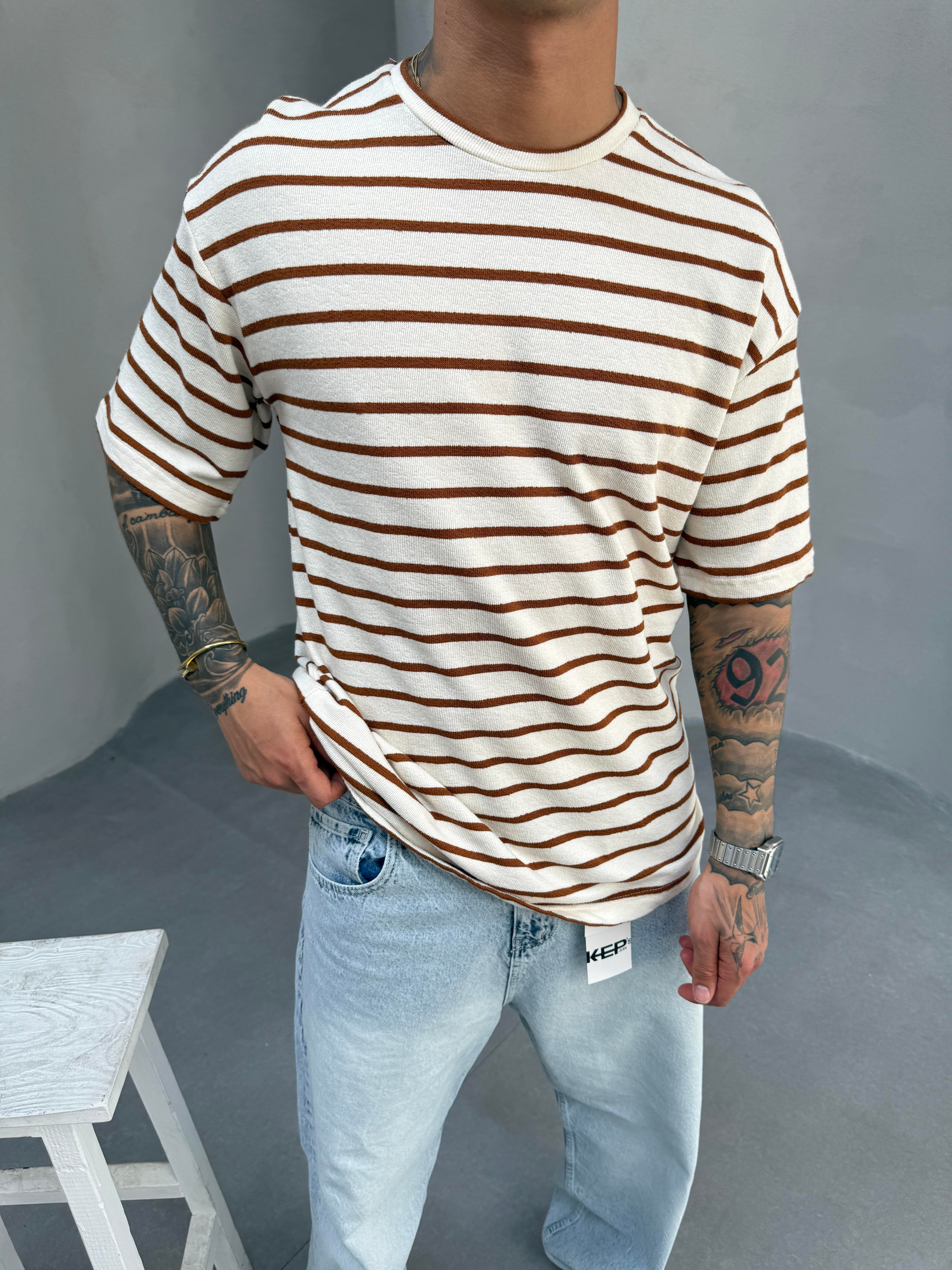 Erkek Basic Cizgili T-Shirt - Kahve