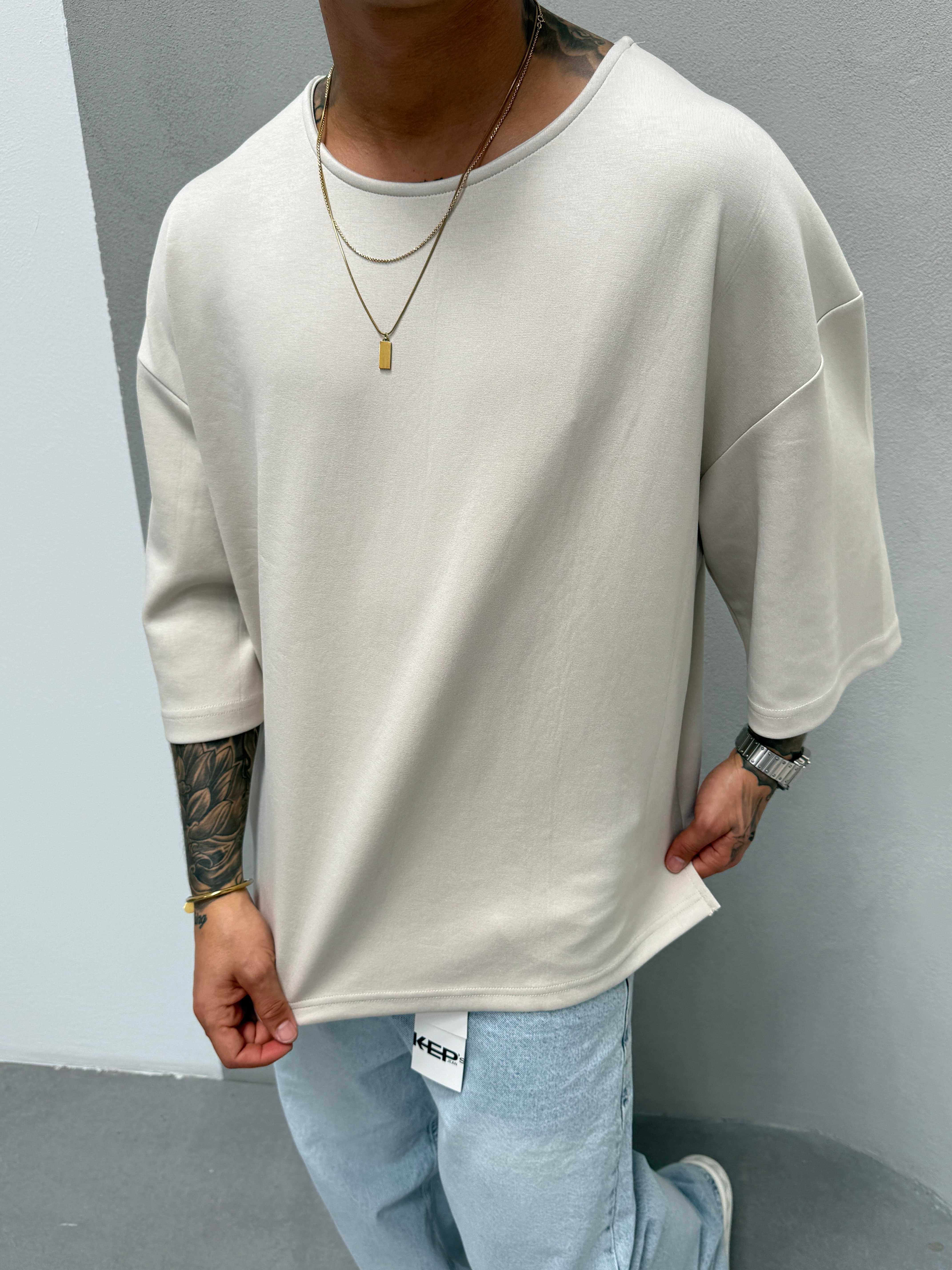 Erkek Basic Dokulu Oversize T-Shirt - Bej