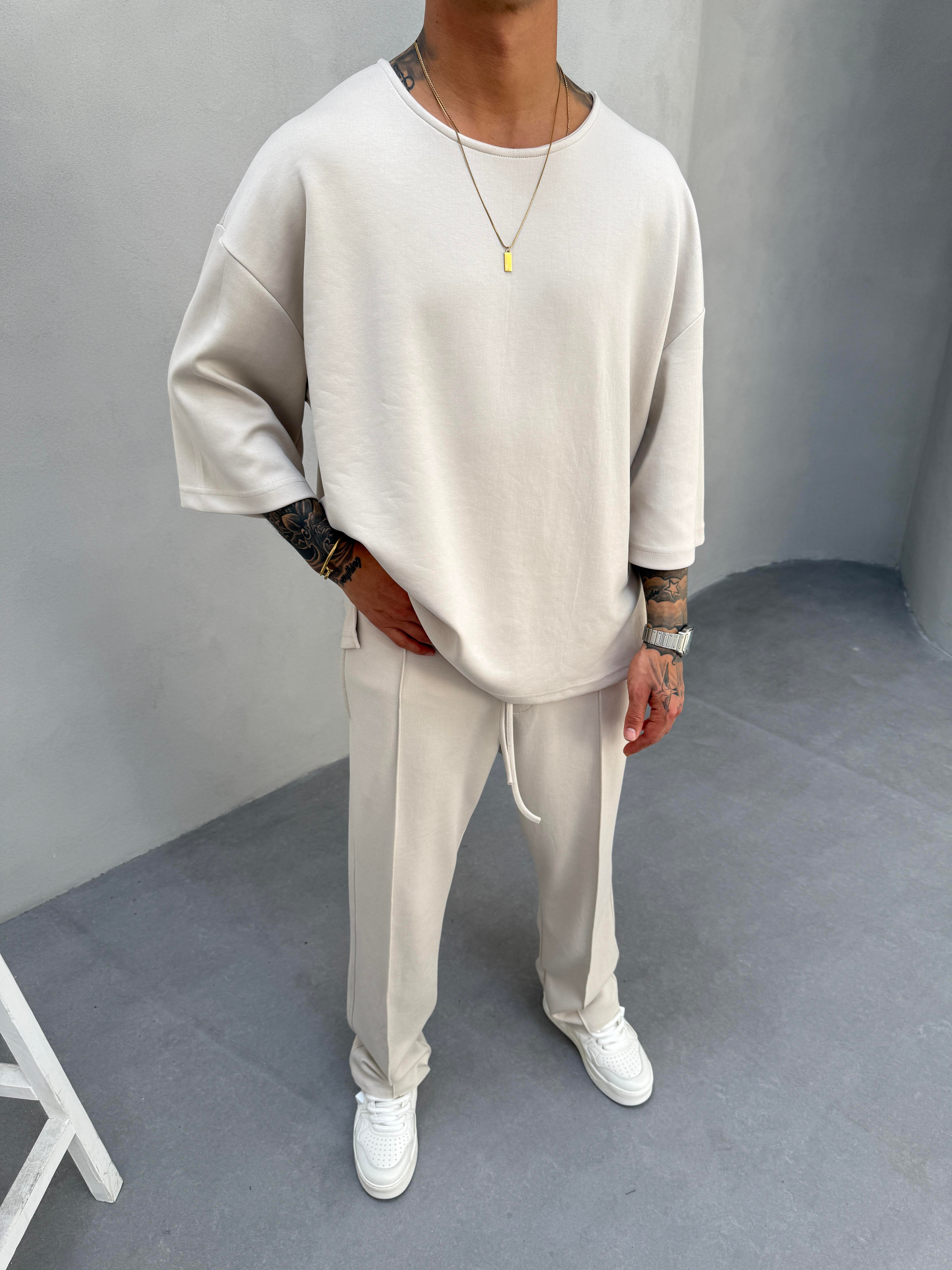 Erkek Basic Dokulu Oversize T-Shirt - Bej