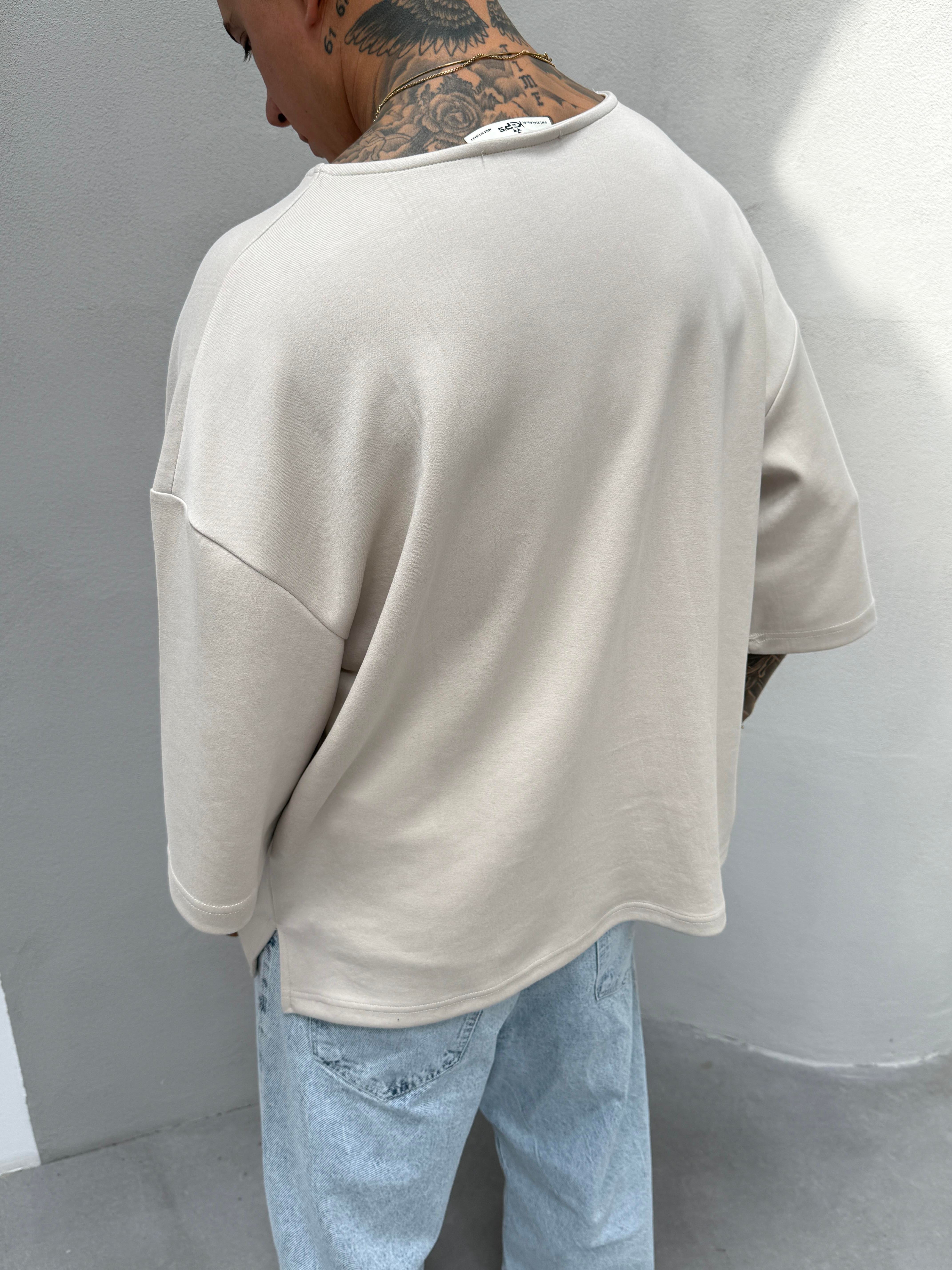 Erkek Basic Dokulu Oversize T-Shirt - Bej