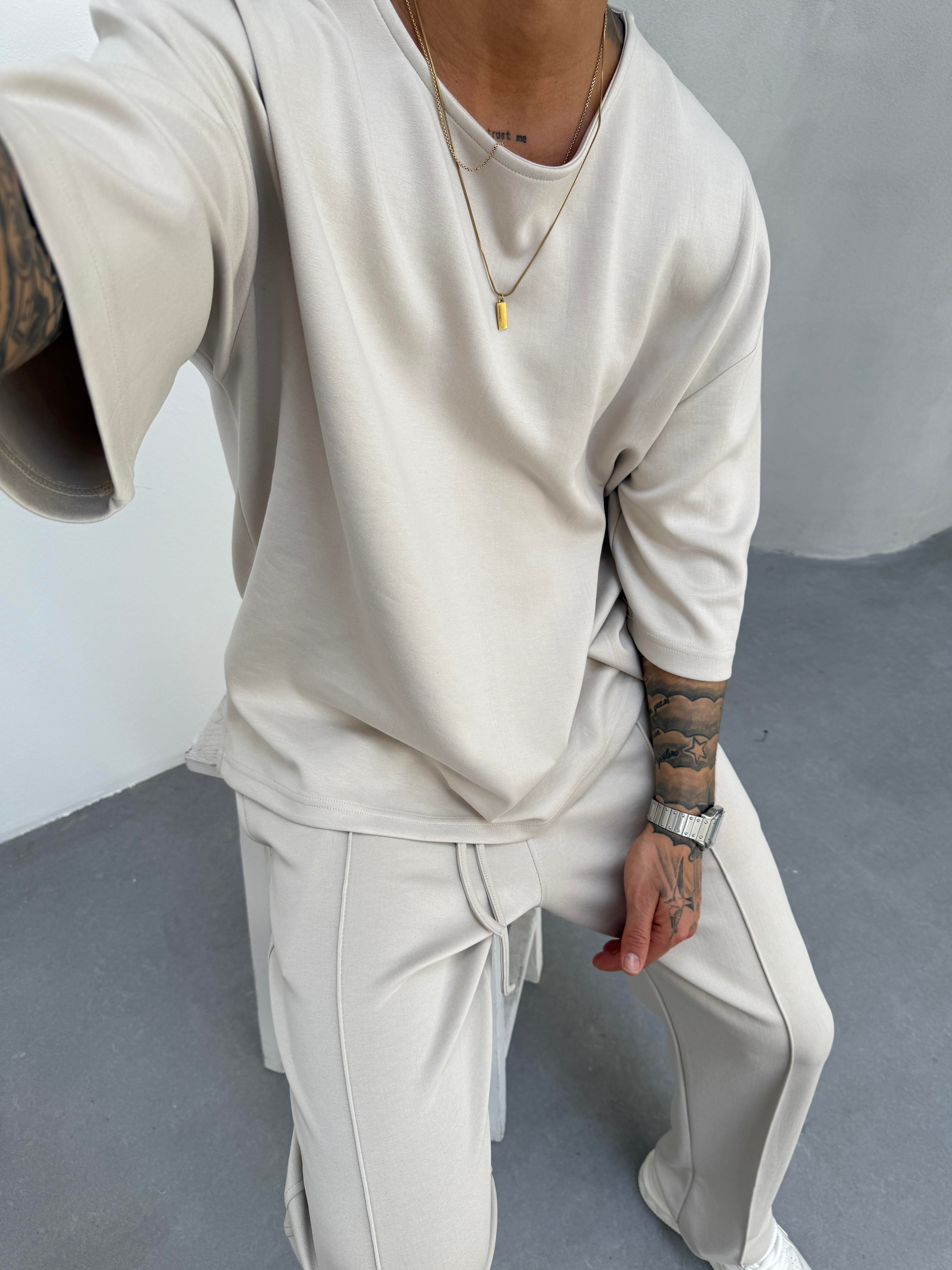 Erkek Basic Dokulu Oversize T-Shirt - Bej