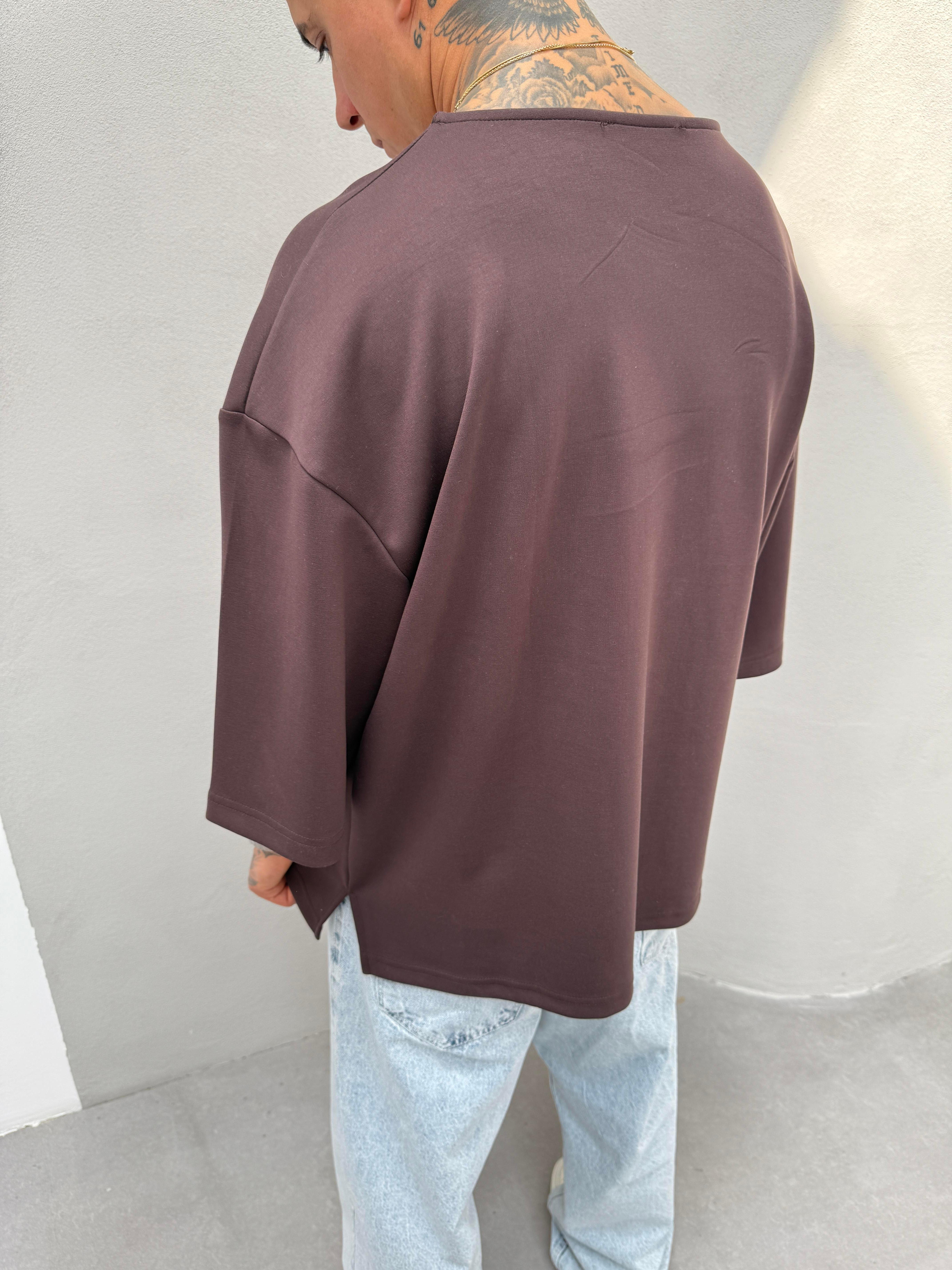 Erkek Basic Dokulu Oversize T-Shirt - Kahve