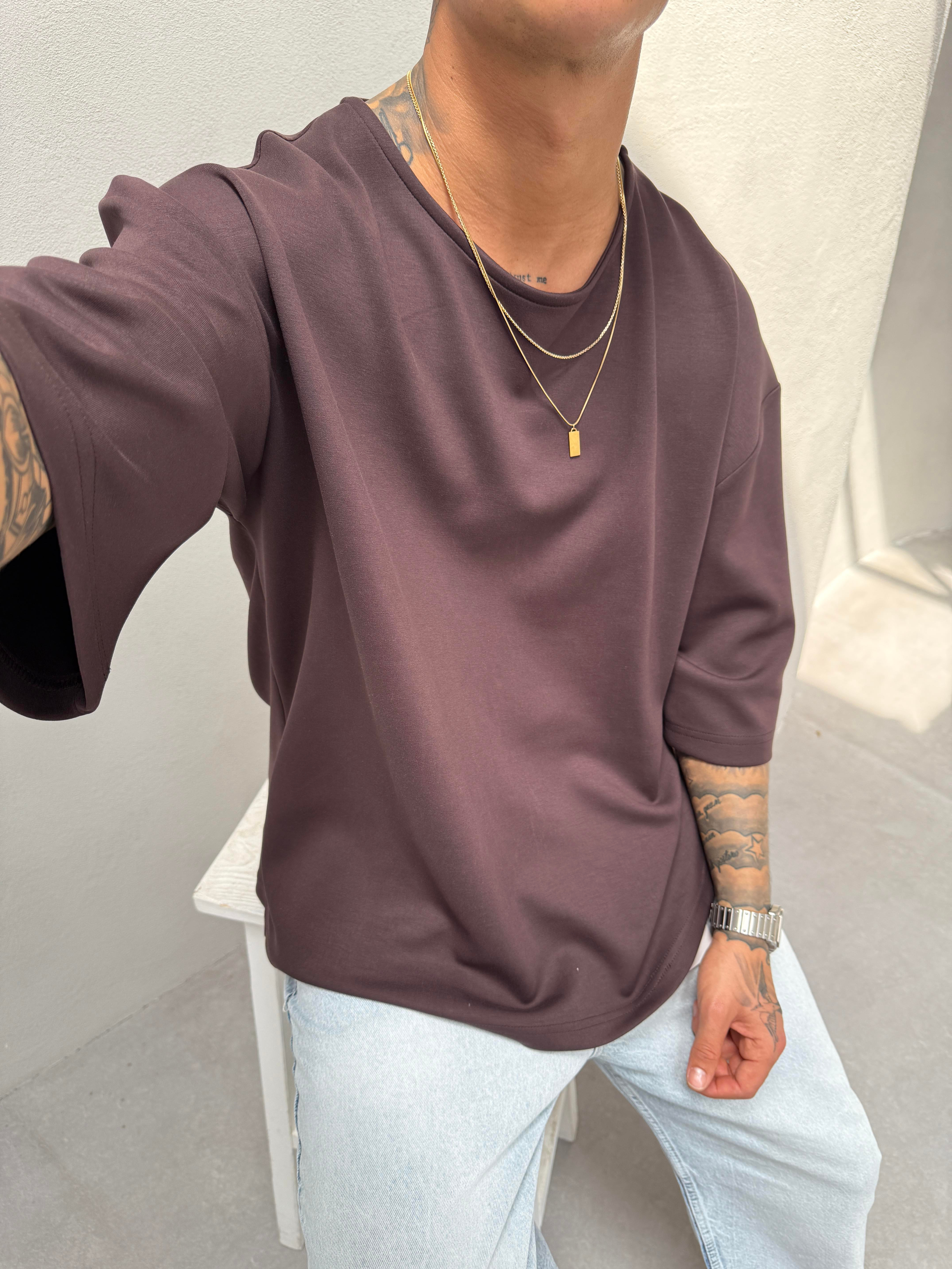 Erkek Basic Dokulu Oversize T-Shirt - Kahve