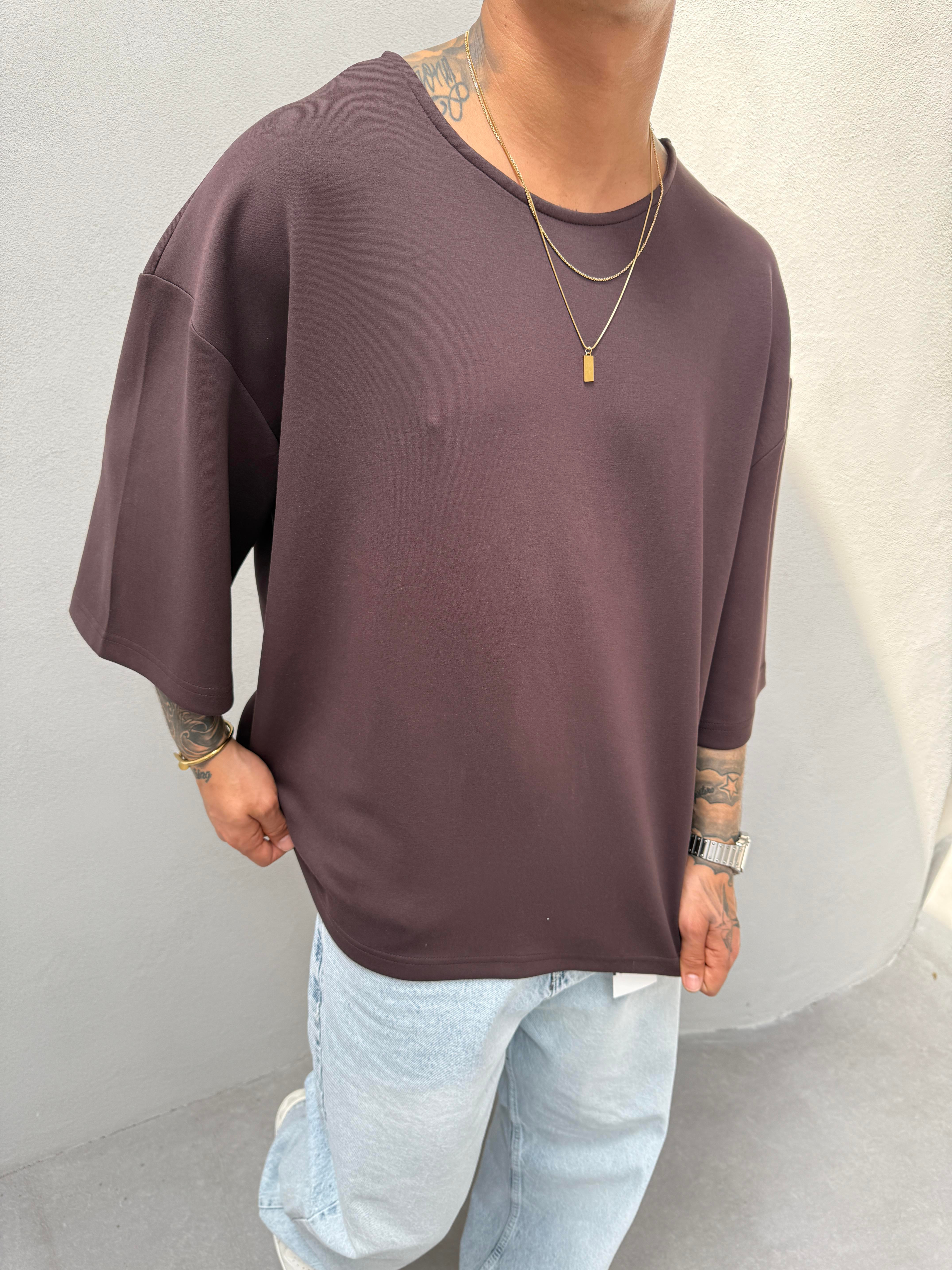 Erkek Basic Dokulu Oversize T-Shirt - Kahve