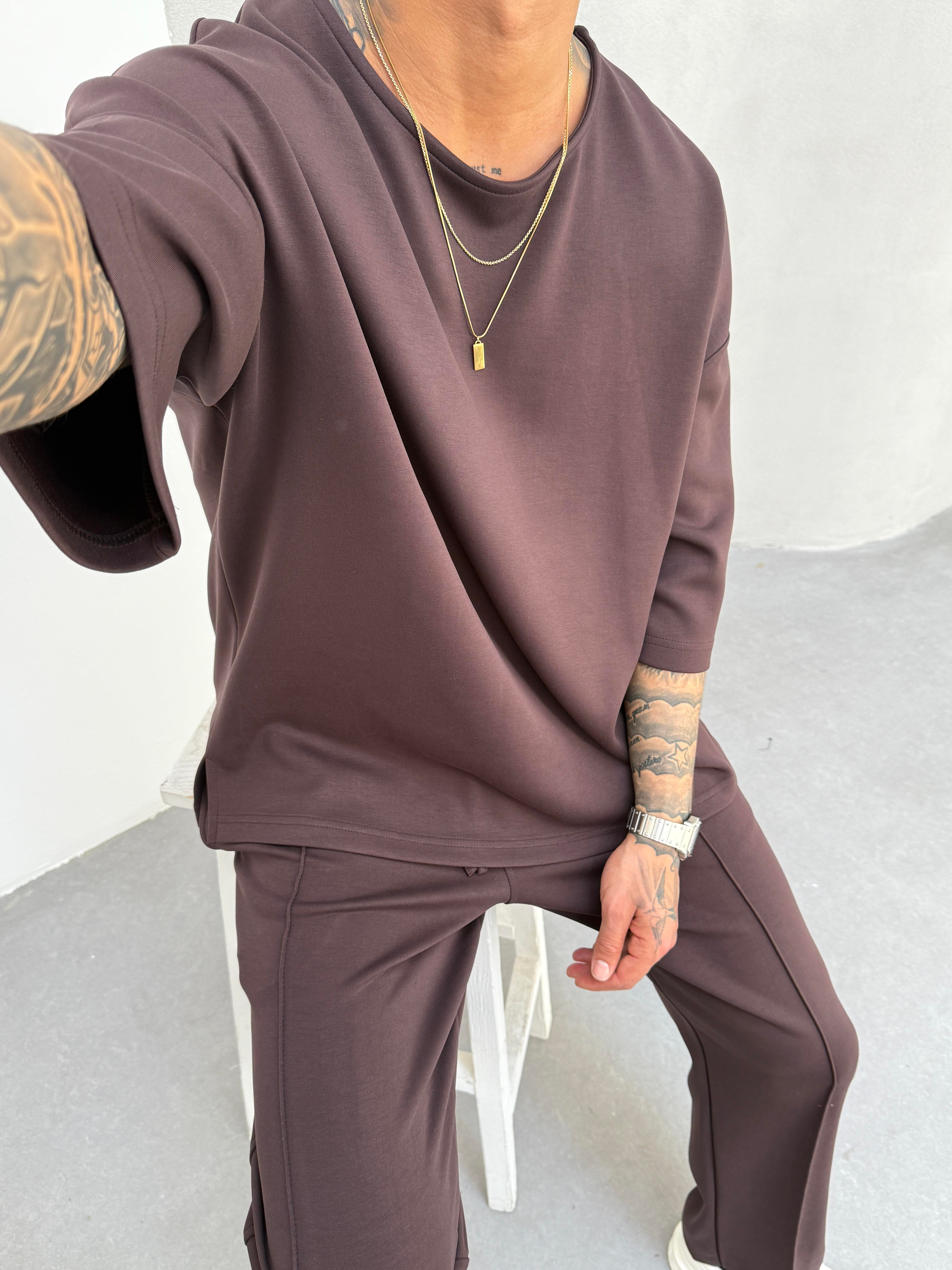 Erkek Basic Dokulu Oversize T-Shirt - Kahve