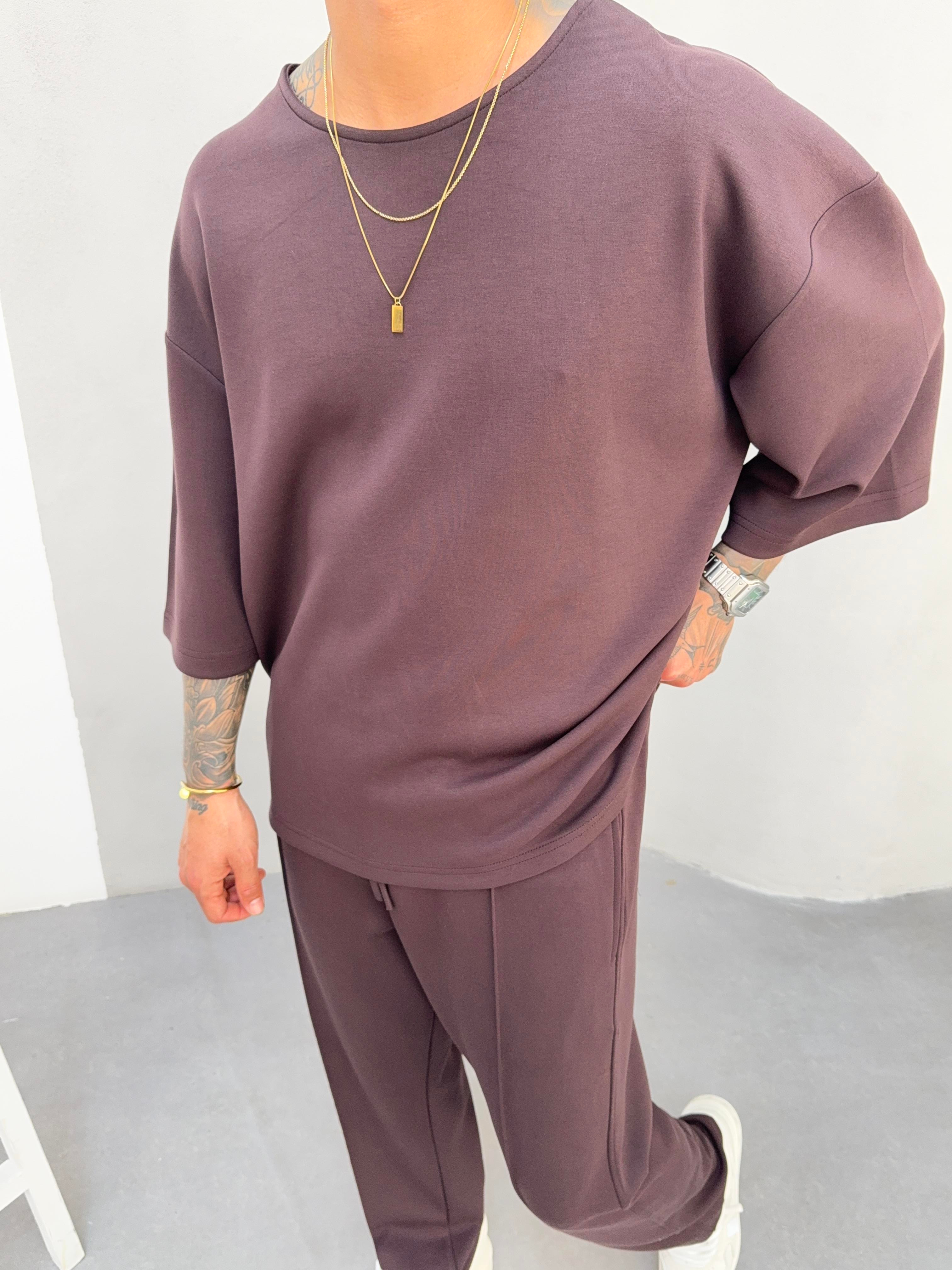 Erkek Basic Dokulu Oversize T-Shirt - Kahve